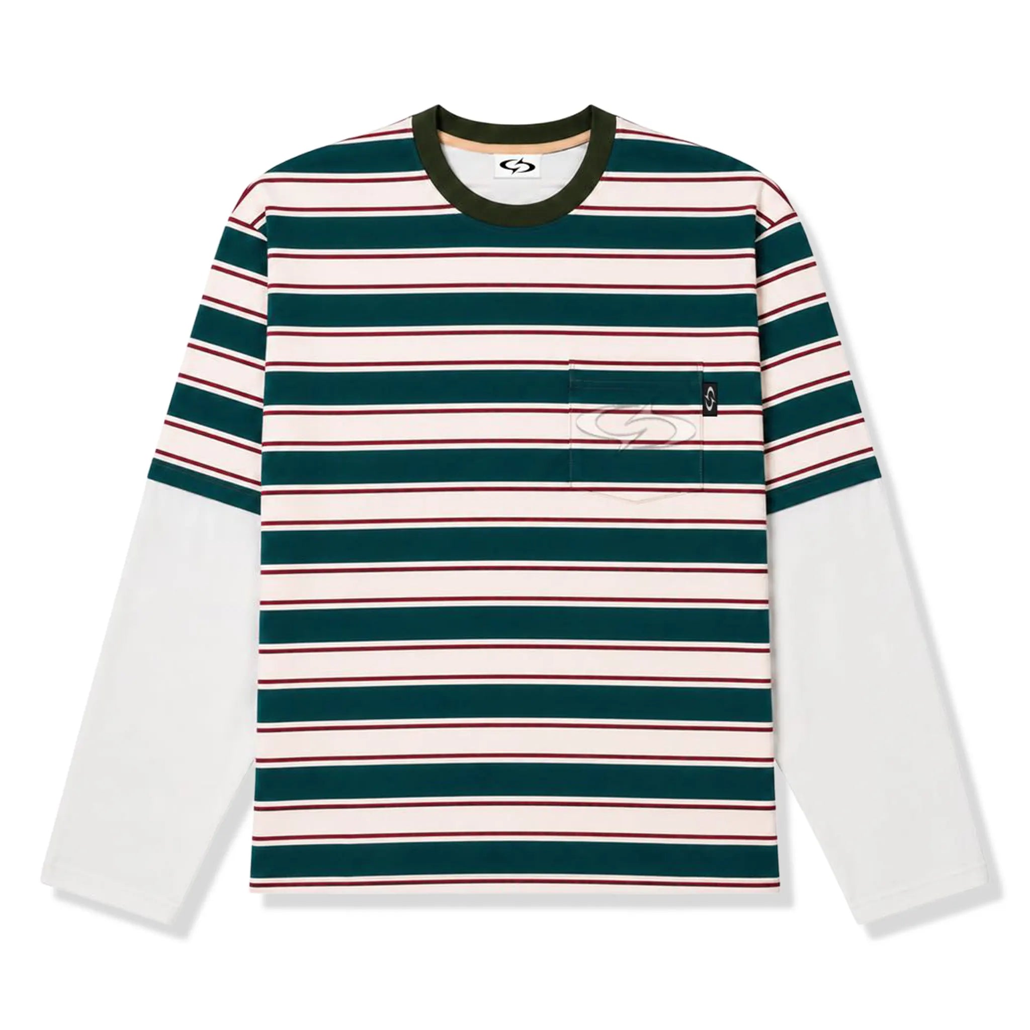 Front View of Suavo Stripe Pocket Layered L/S White T-Shirt
