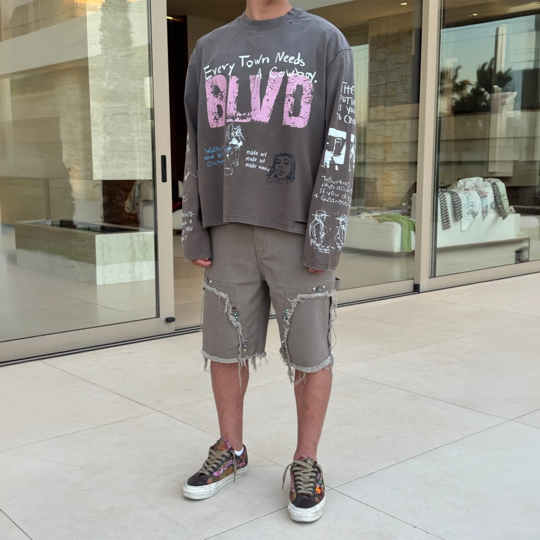 Front Side View of Suavo World Boulevard L/S Charcoal T-Shirt