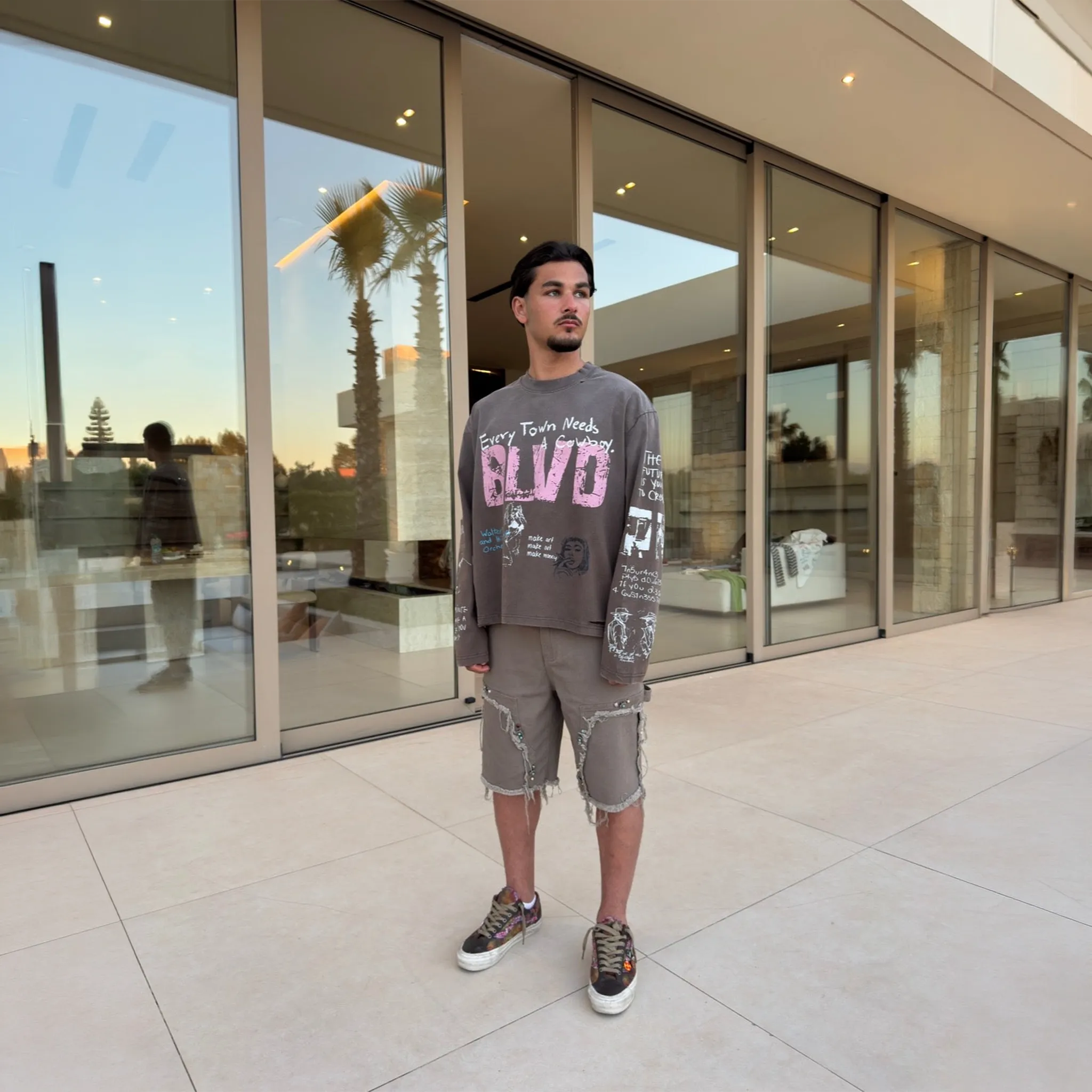 Front View of Suavo World Boulevard L/S Charcoal T-Shirt