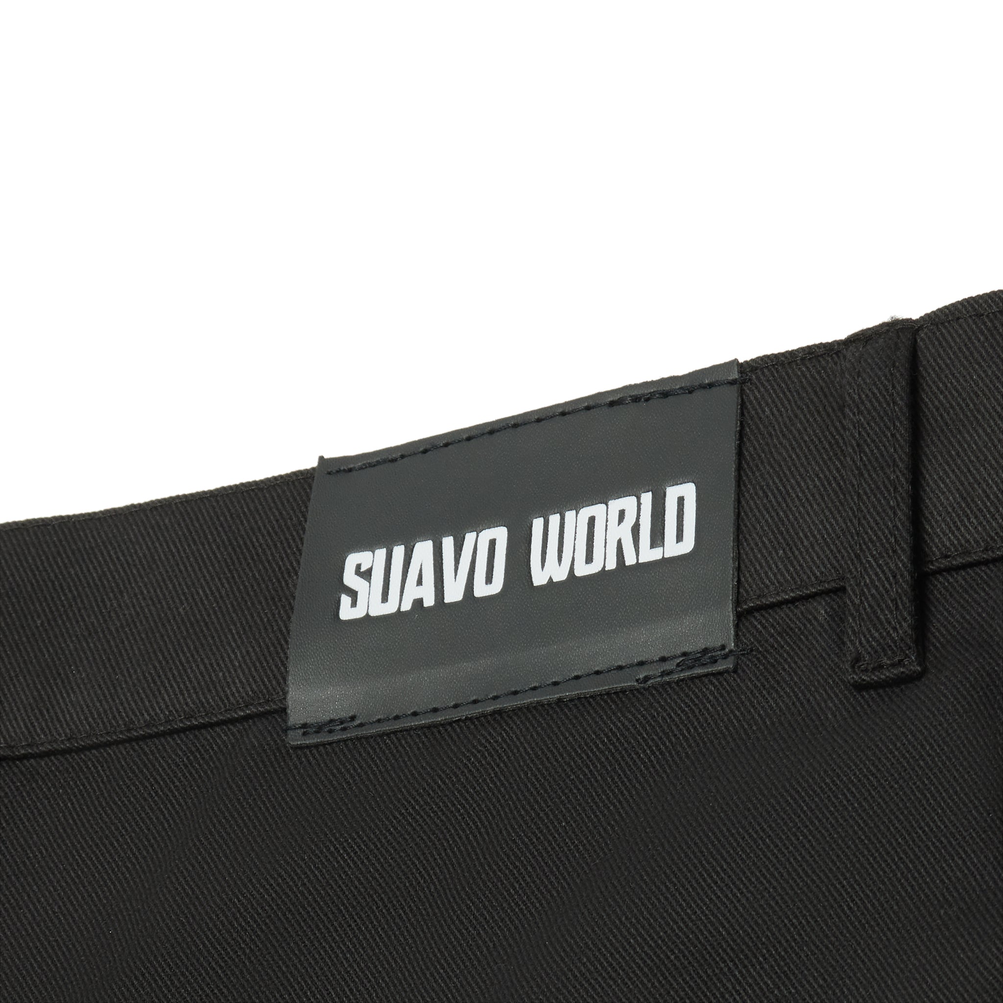 Back logo view of Suavo World Cargo Flare Trousers Black