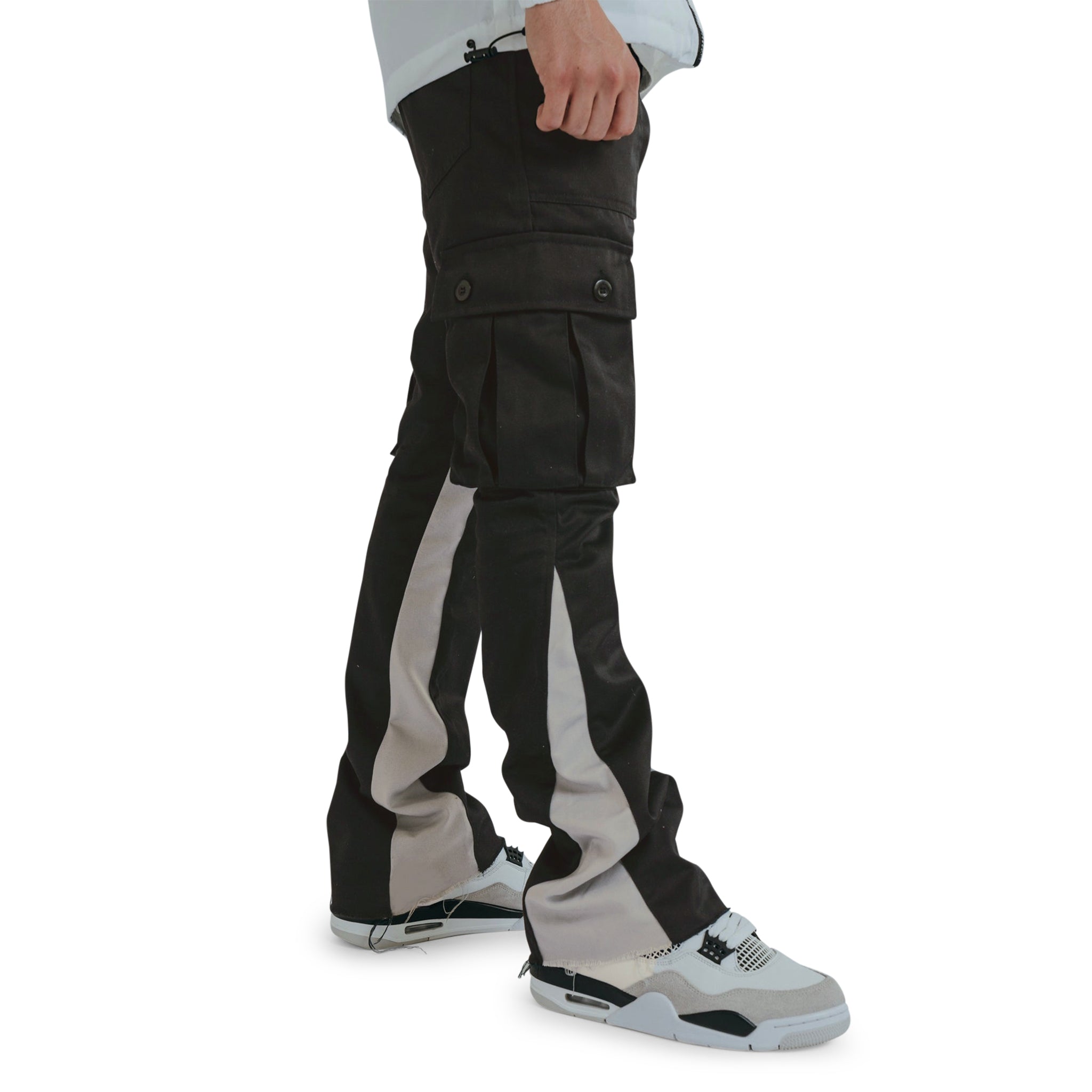 Model side view of Front view of Suavo World Cargo Flare Trousers Black 