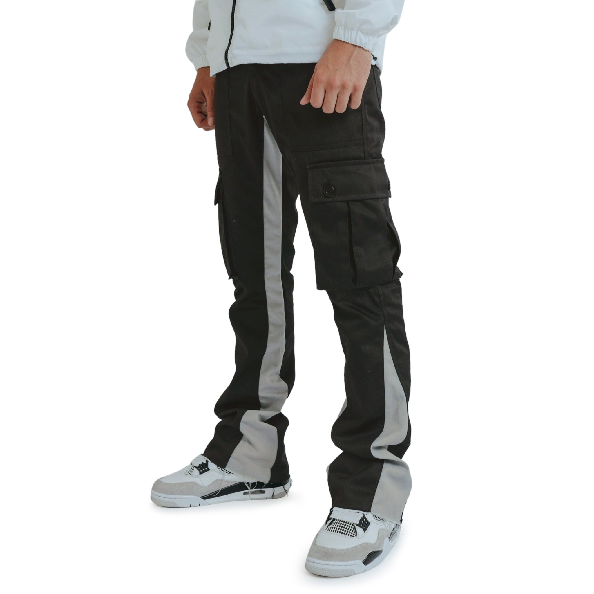 Model side view of Front view of Suavo World Cargo Flare Trousers Black