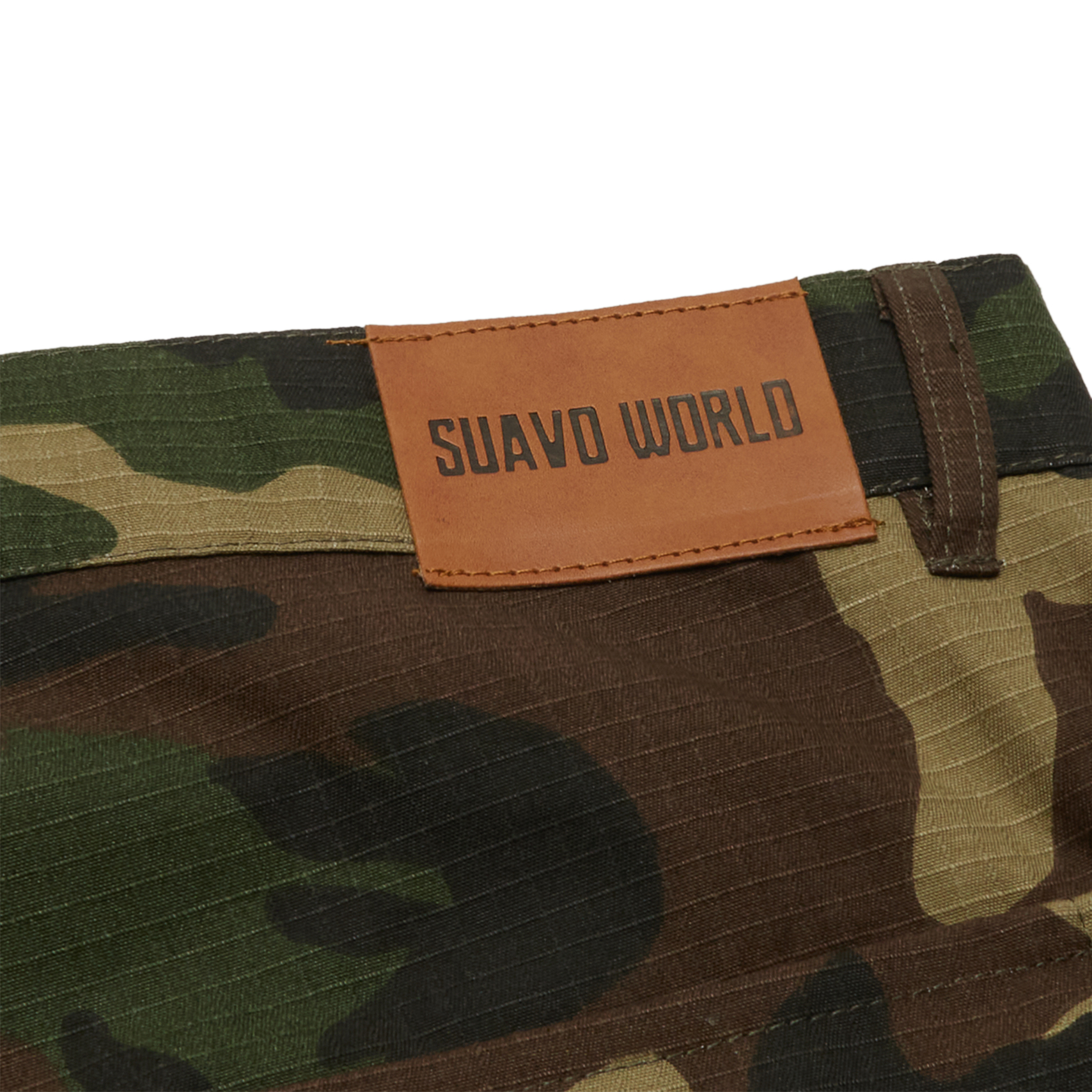 Back pocket view of Suavo World Cargo Flare Trousers Camo