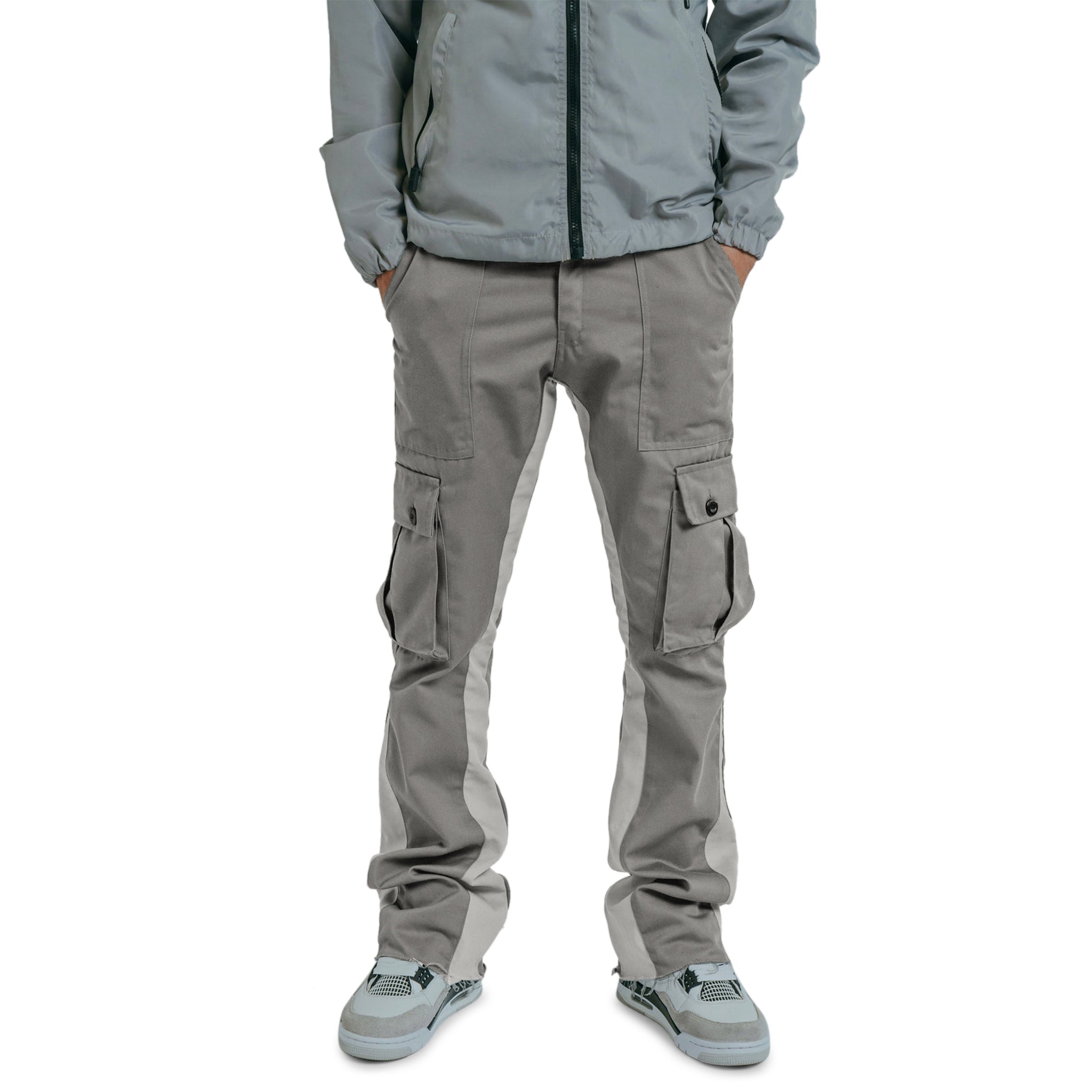 Model front view of Suavo World Cargo Flare Trousers Grey