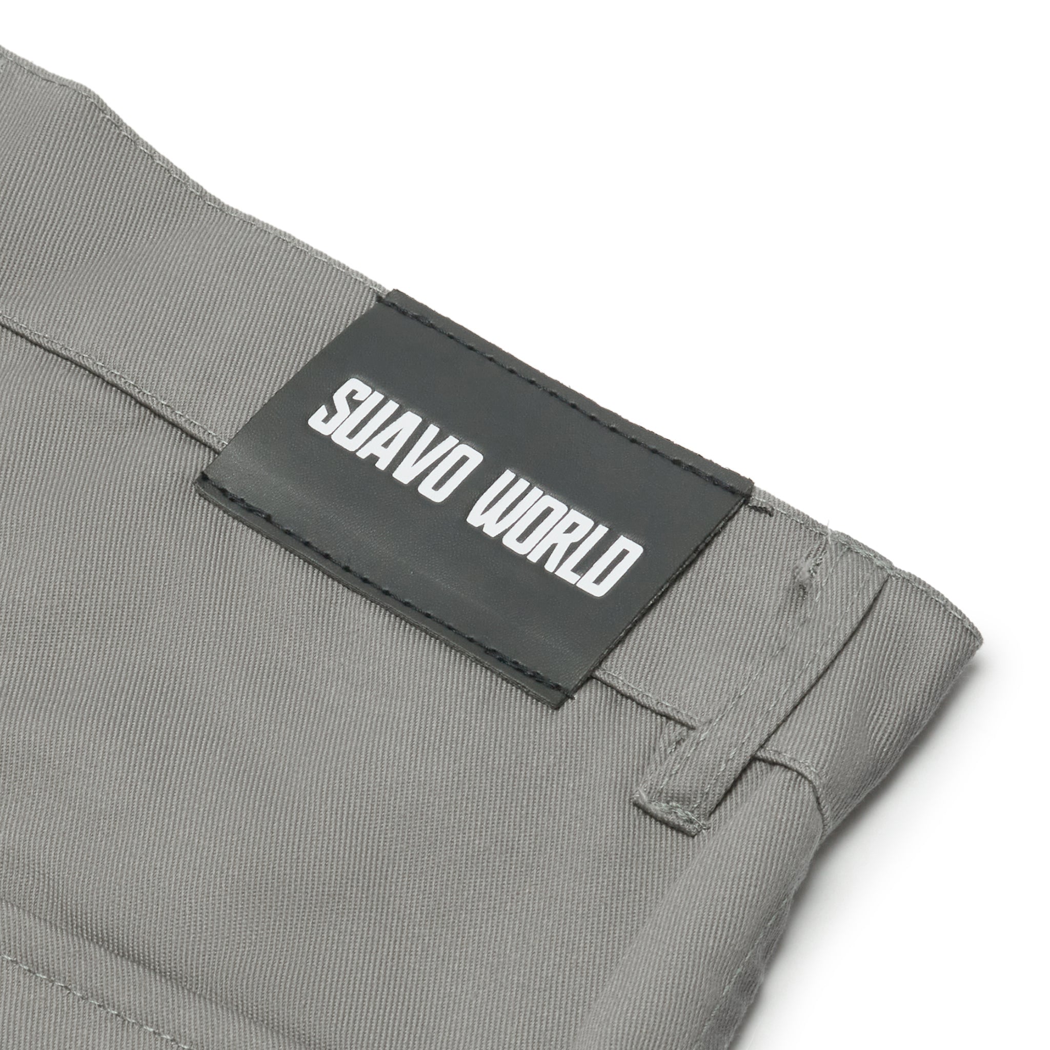 Back logo view of Suavo World Cargo Flare Trousers Grey