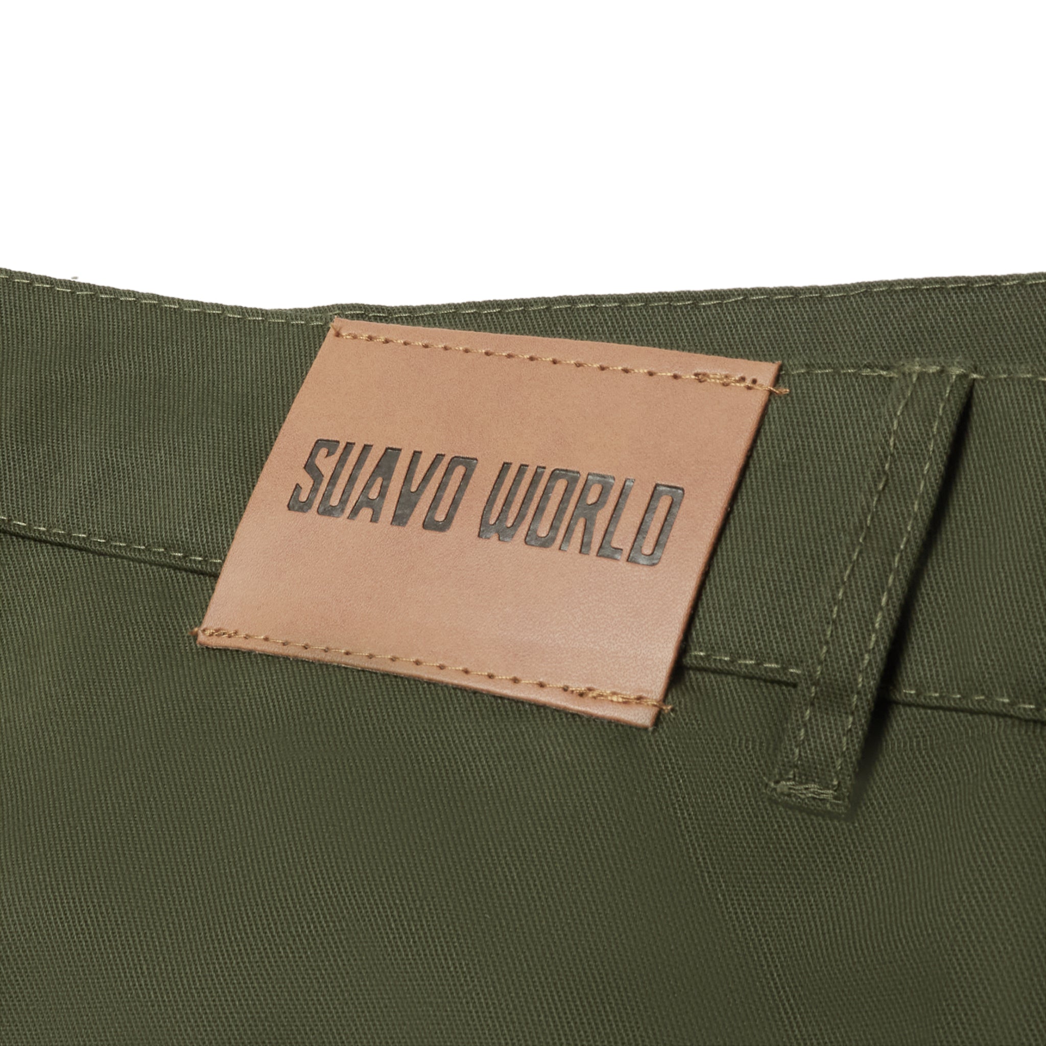 Back tab view of Suavo World Cargo Flare Trousers Khaki