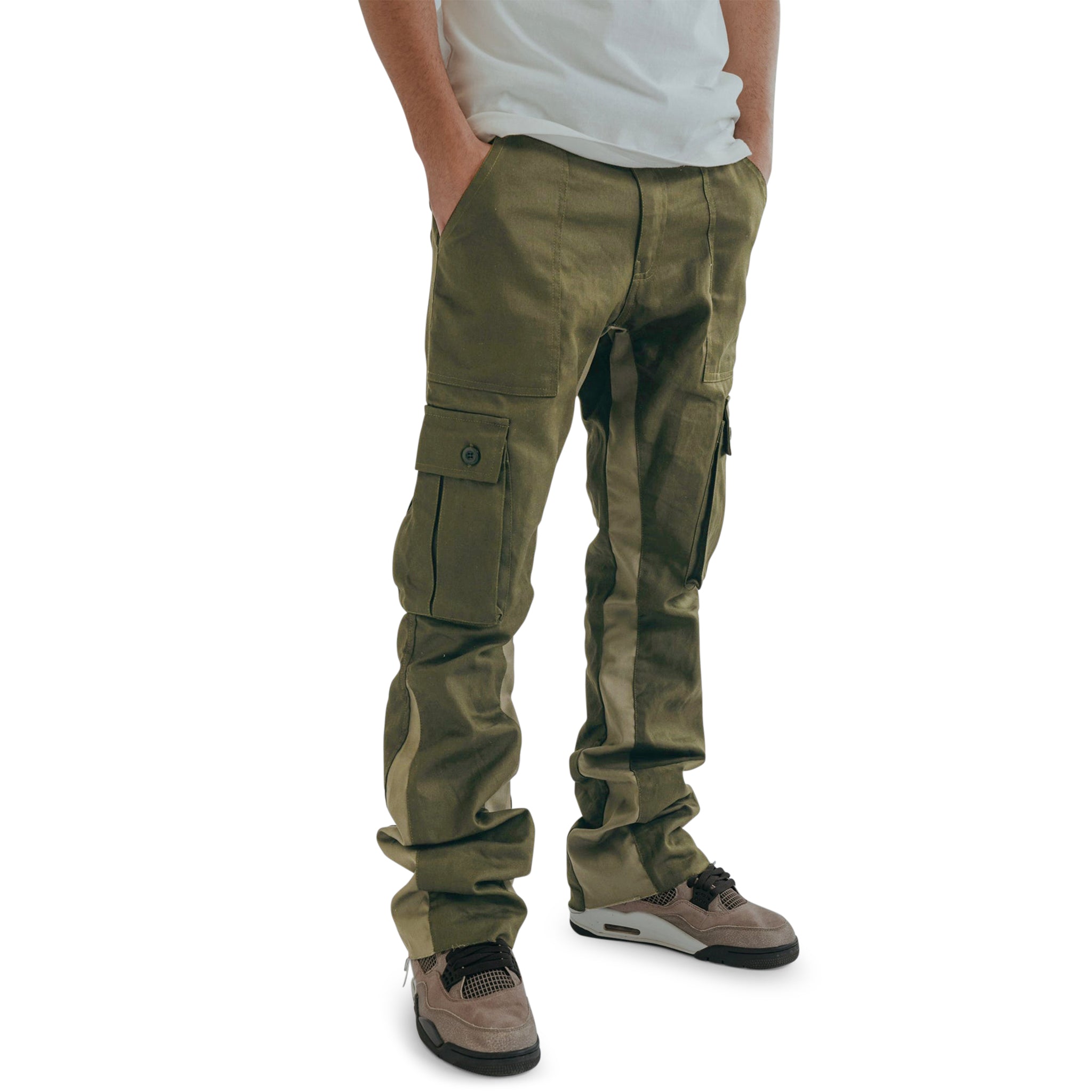 Model side view of Suavo World Cargo Flare Trousers Khaki