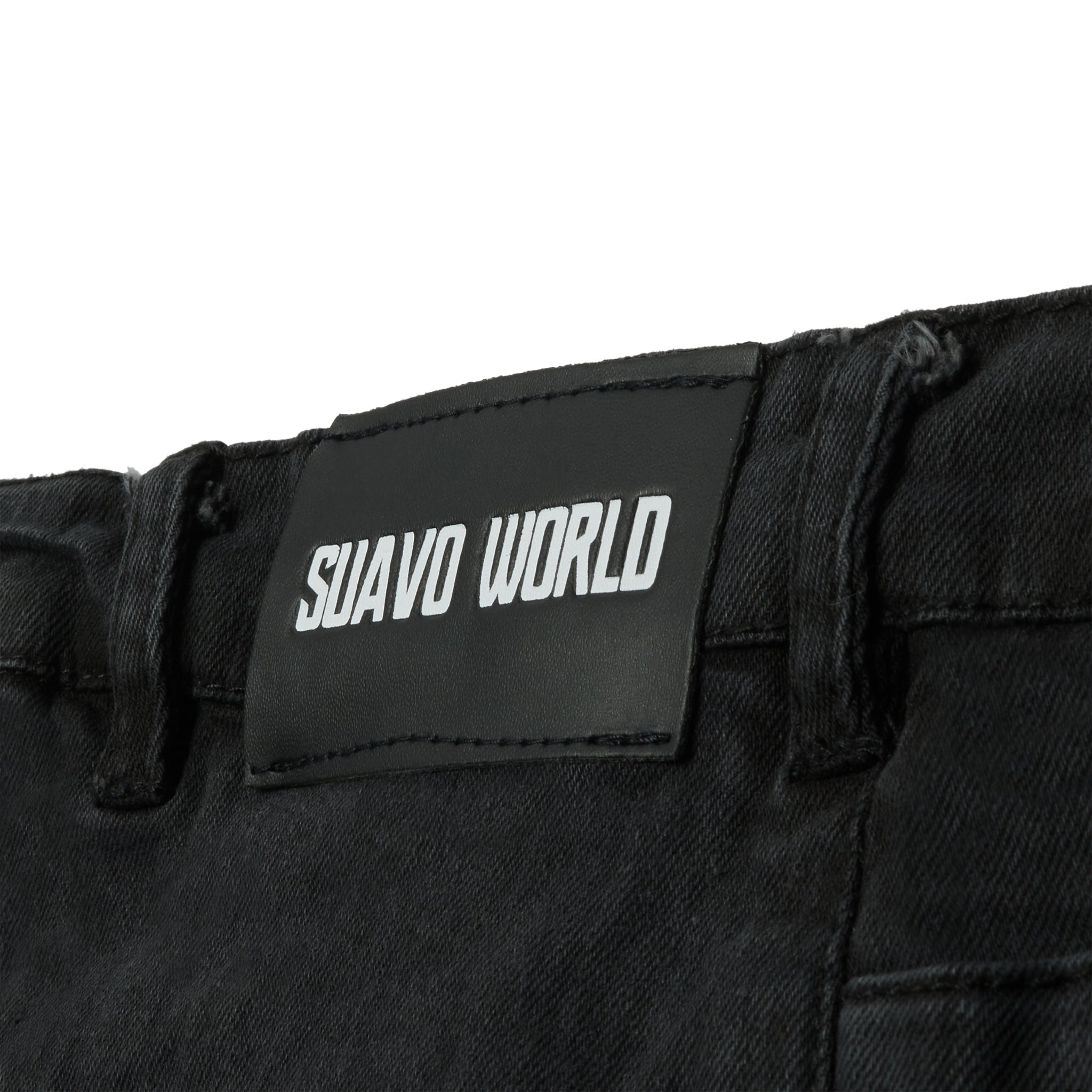 Back logo view of Suavo World Flare Denim Washed Black