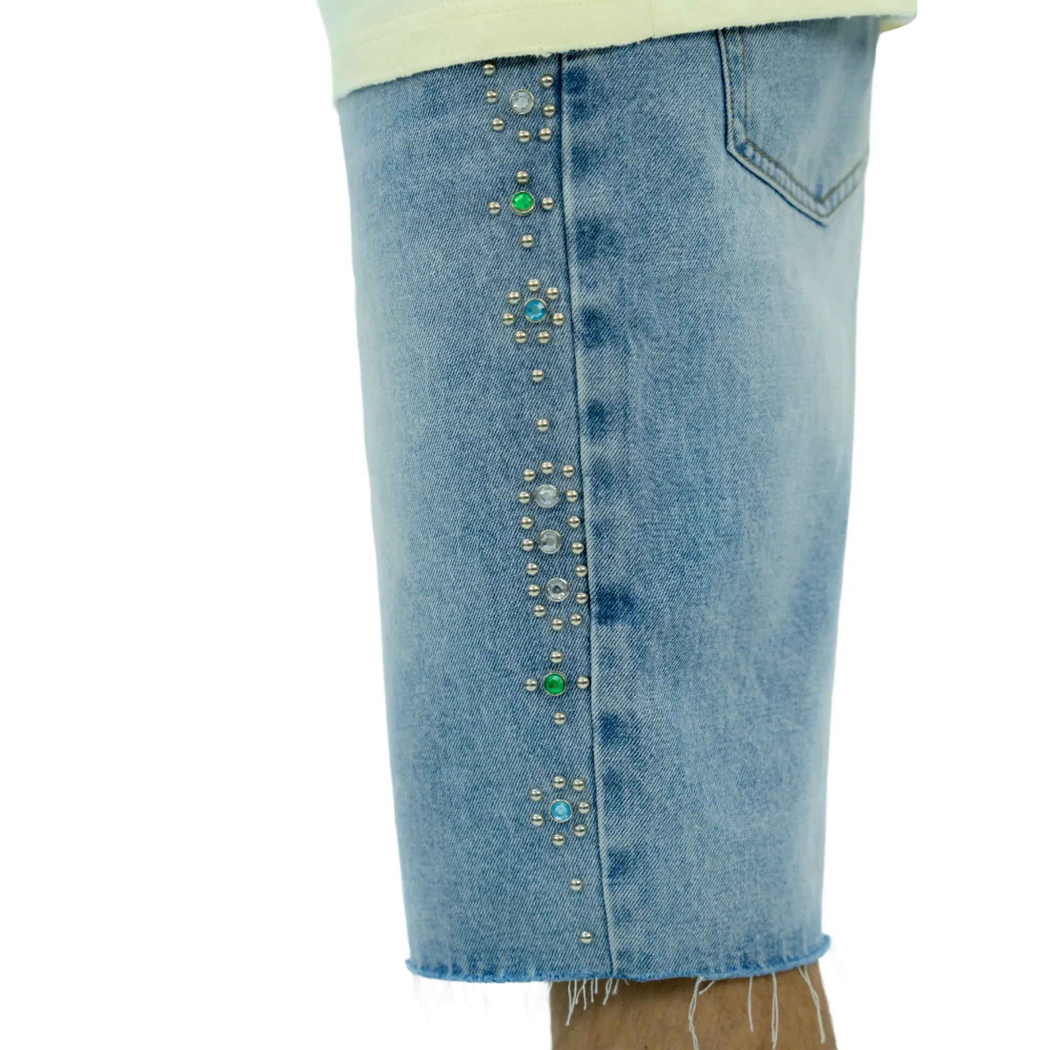 Side Detailed View of Suavo World Stud Denim Blue Shorts