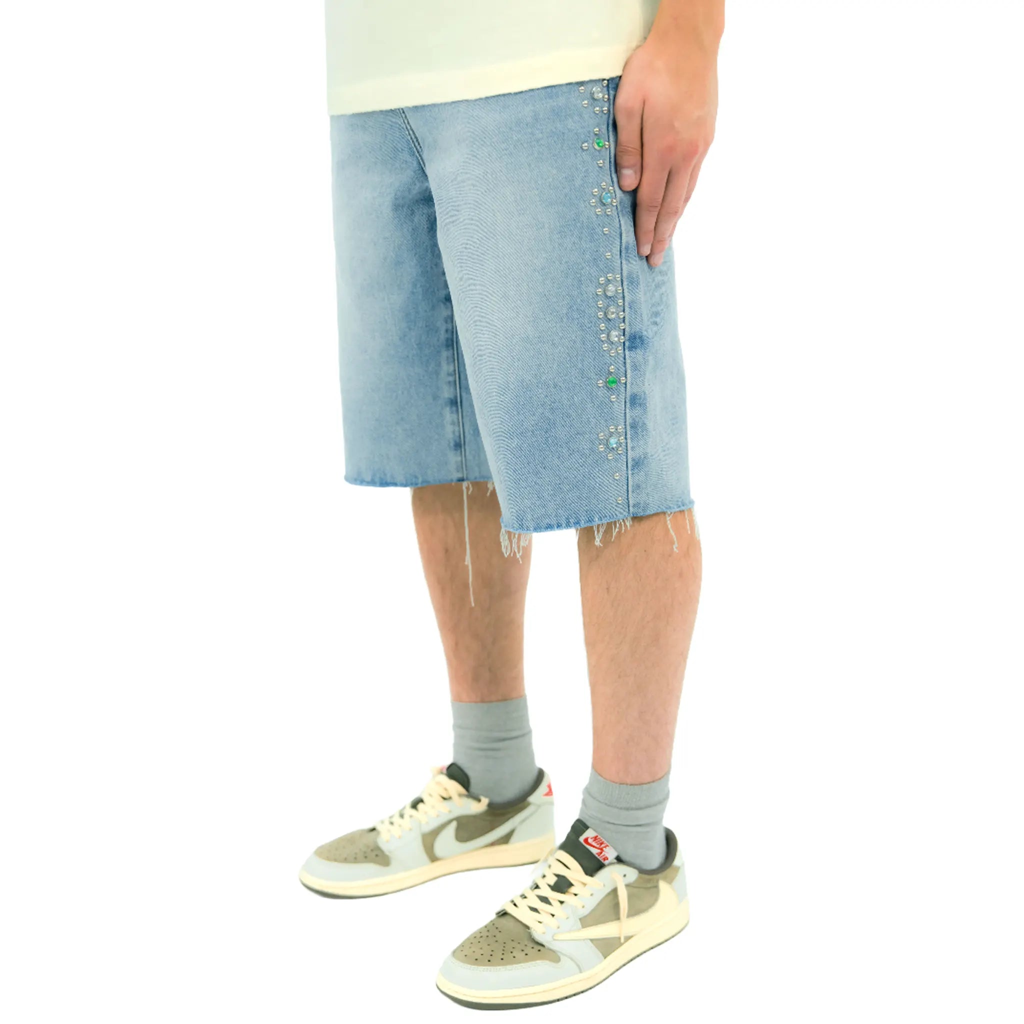 Front Side View of Suavo World Stud Denim Blue Shorts