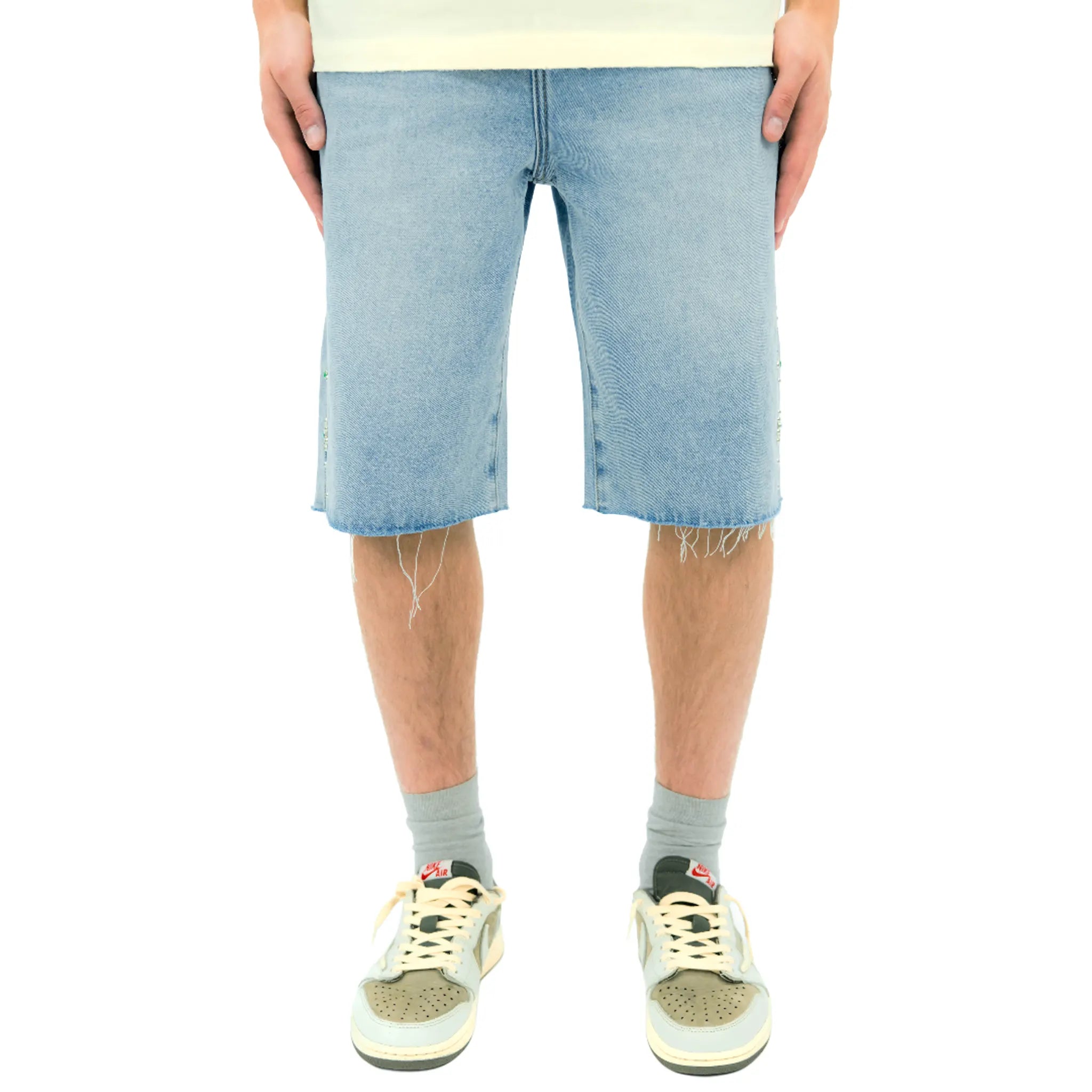Front View of Suavo World Stud Denim Blue Shorts