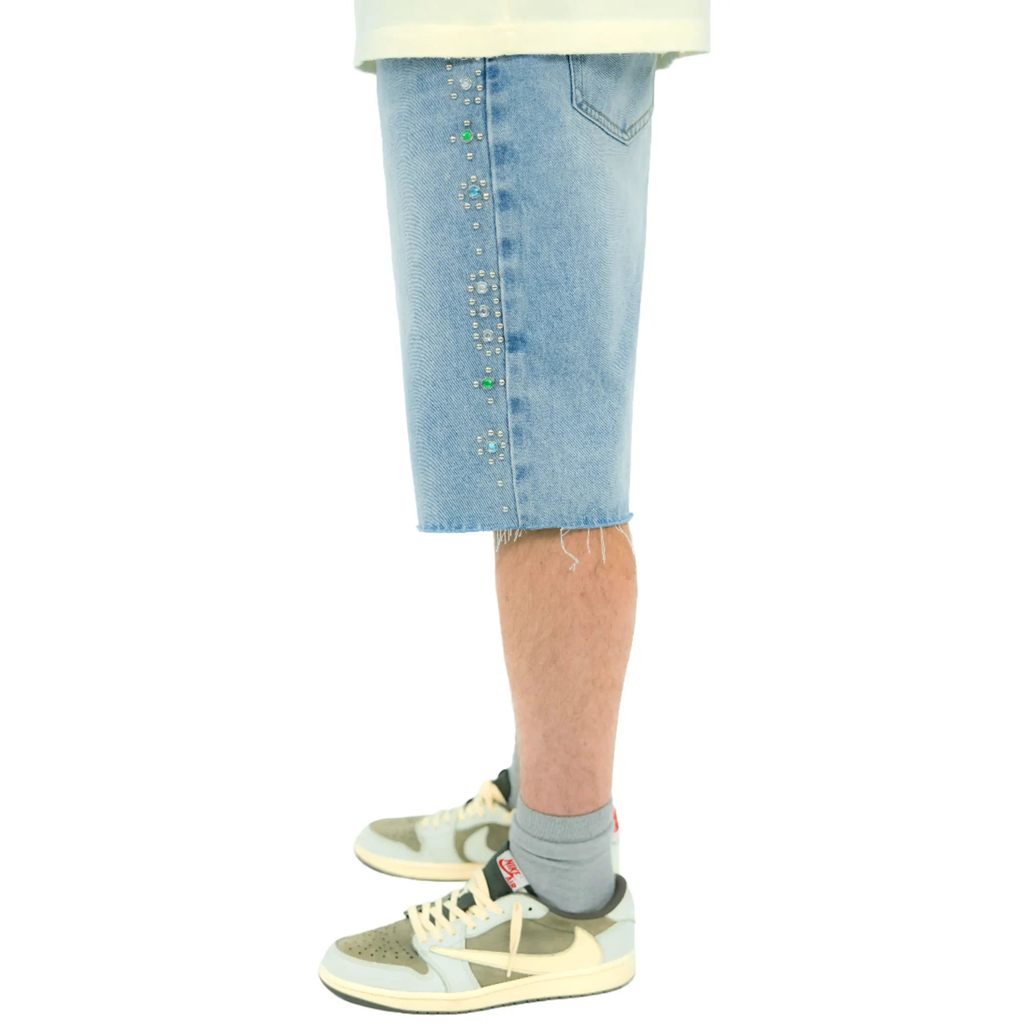Side View of Suavo World Stud Denim Blue Shorts