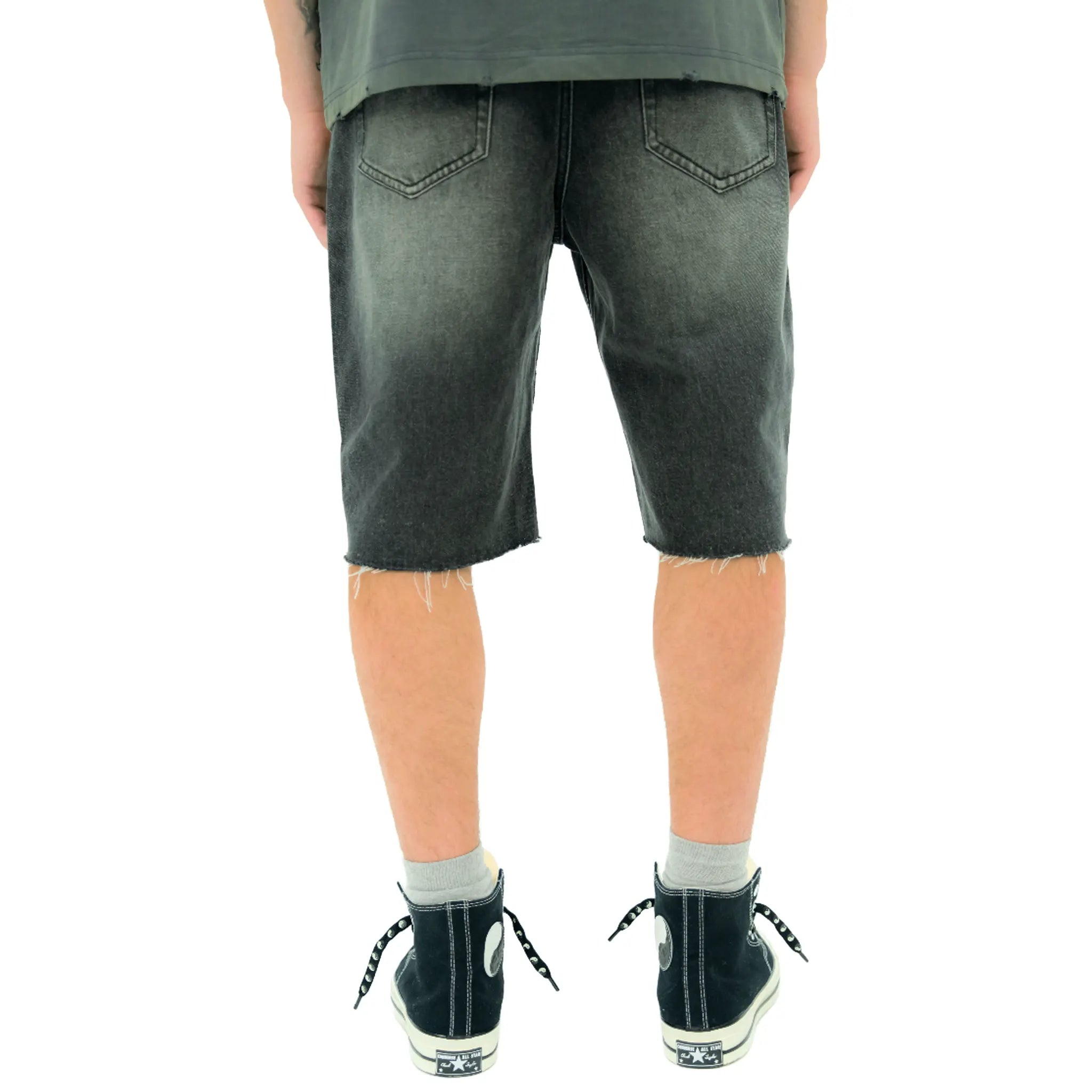 Back View of Suavo World Stud Washed Black Denim Shorts