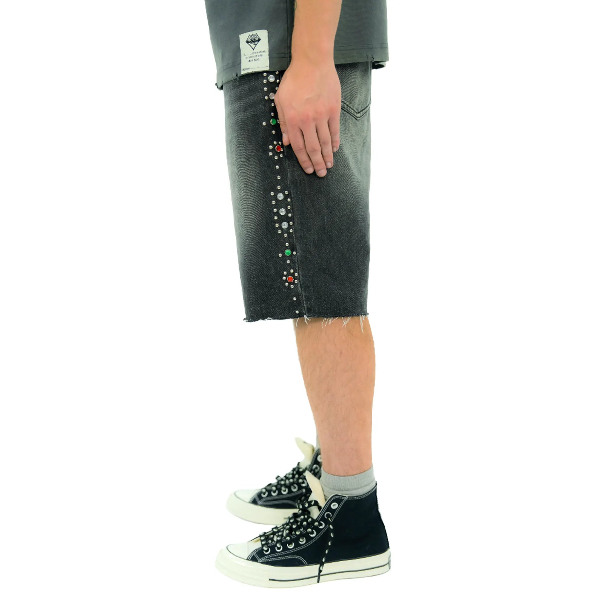Side View of Suavo World Stud Washed Black Denim Shorts