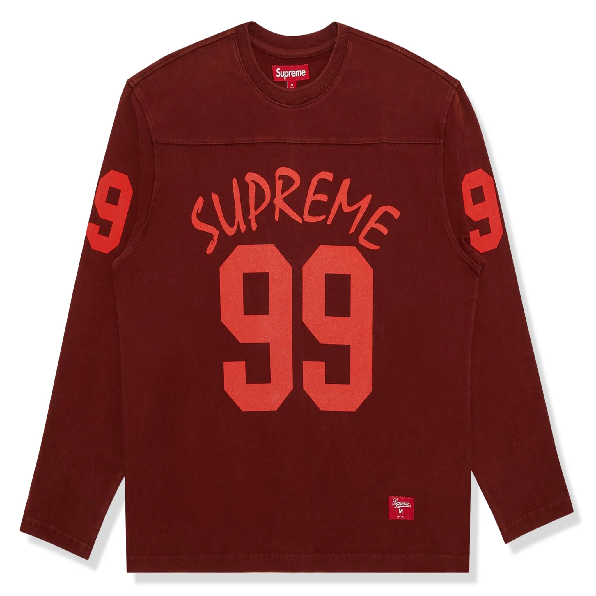 Front view of Supreme 99 L/S Maroon Football T Shirt