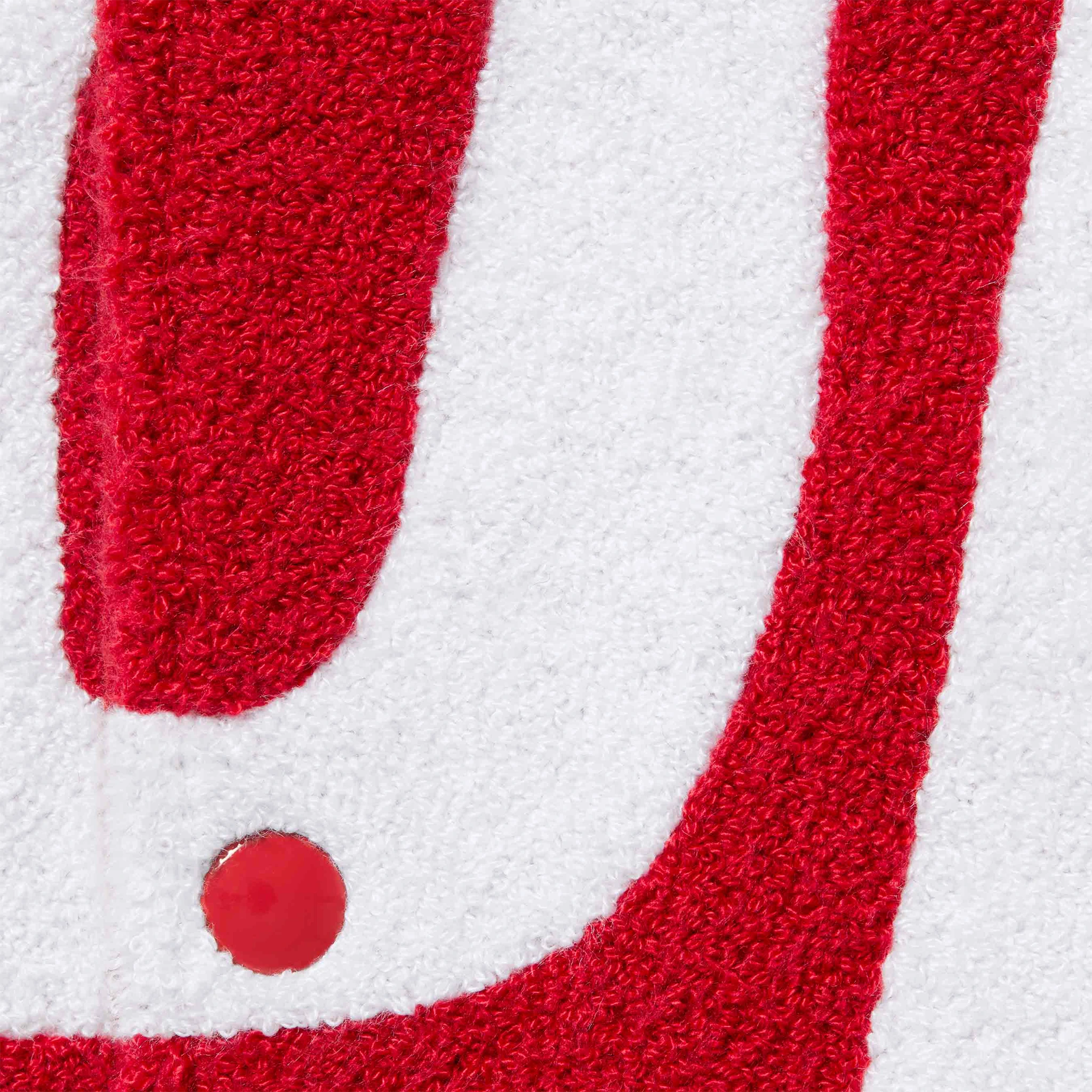 Detail view of Supreme Big Logo Chenile Red Varsity Jacket