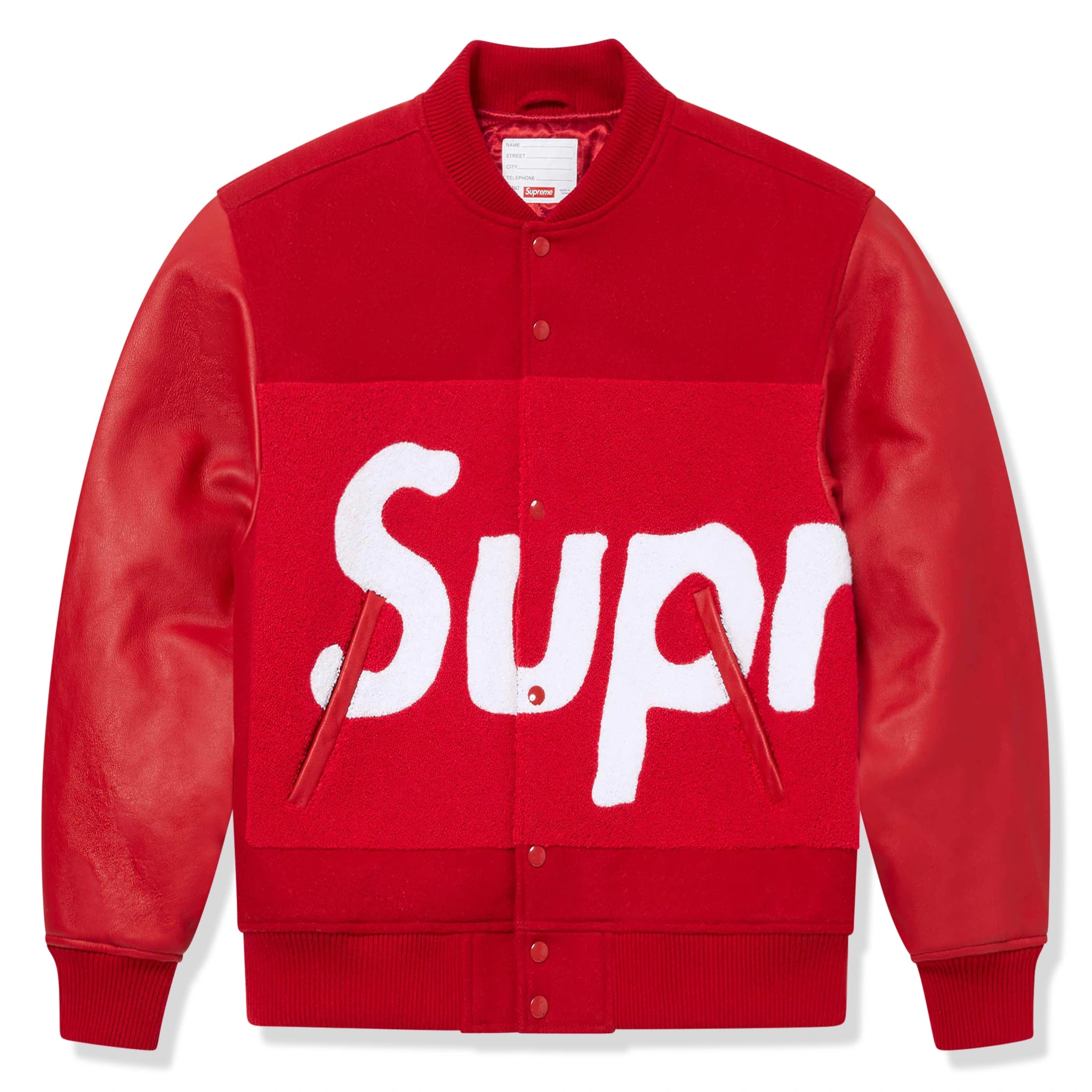 Front view of Supreme Big Logo Chenile Red Varsity Jacket
