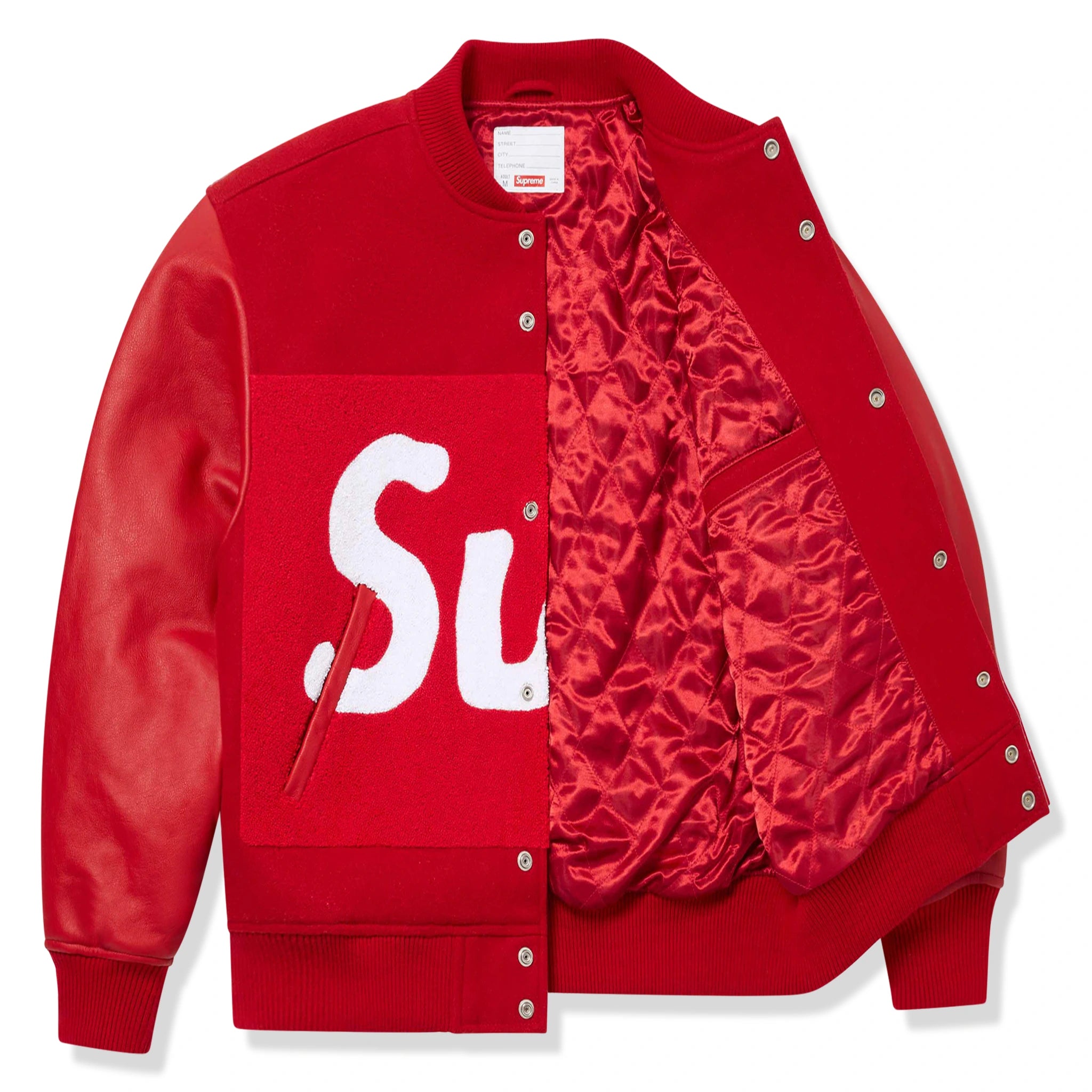 Open view of Supreme Big Logo Chenile Red Varsity Jacket