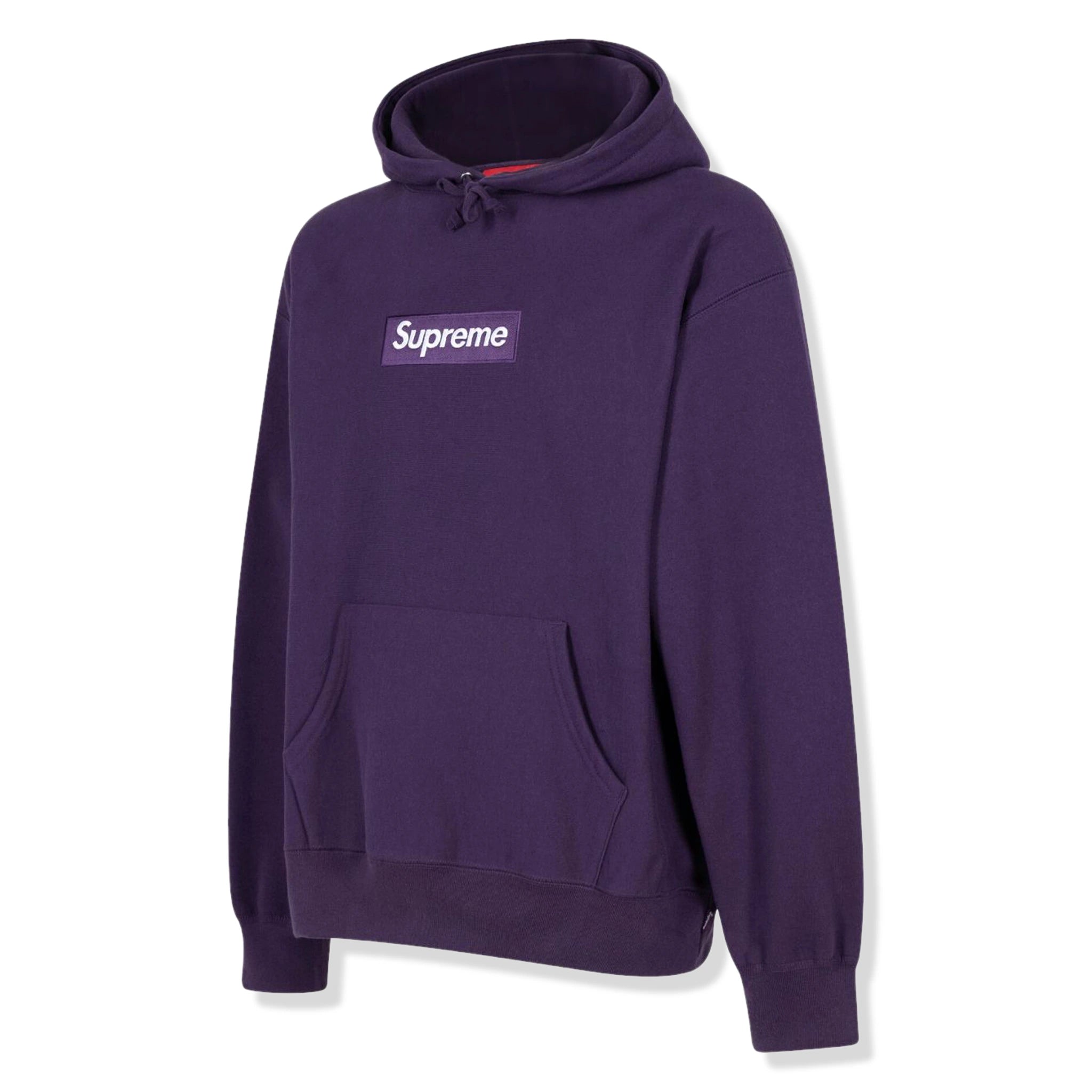 Side view of Supreme Box Logo Dark Purple Hoodie (FW23)