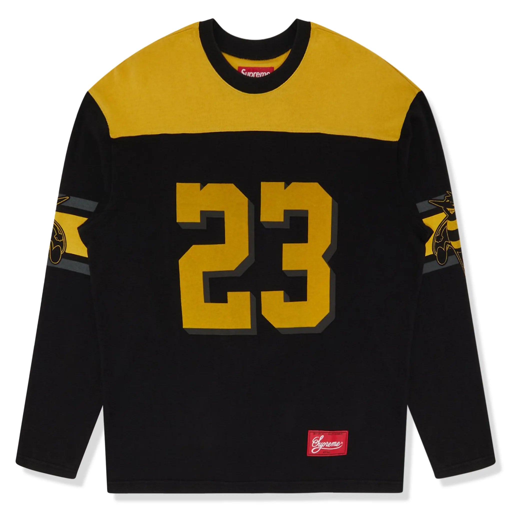 Front view of Supreme Bumblebee L/S Black Football T Shirt (FW23) FW23KN15