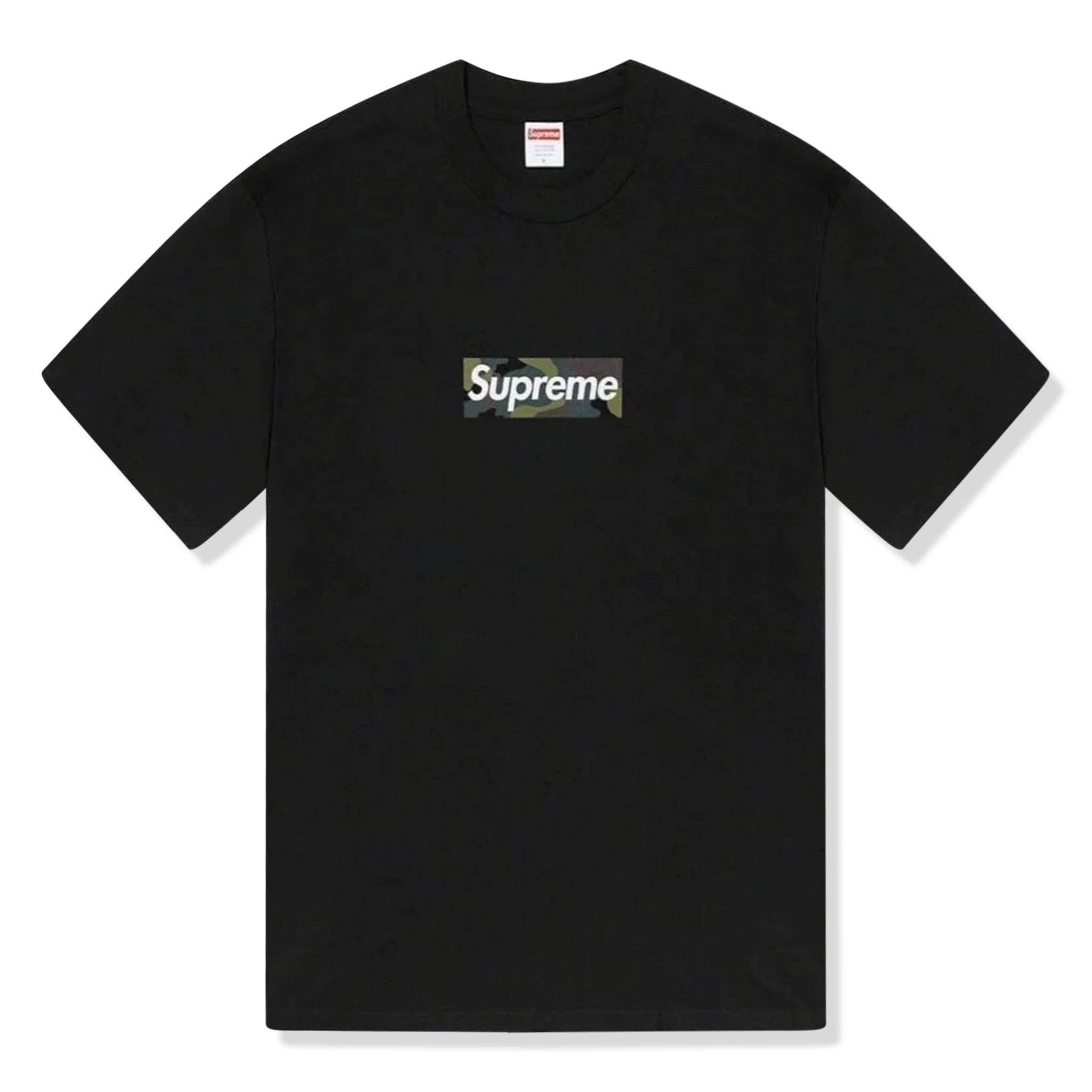 Front view of Supreme Camo Box Logo Black T Shirt (FW23) 