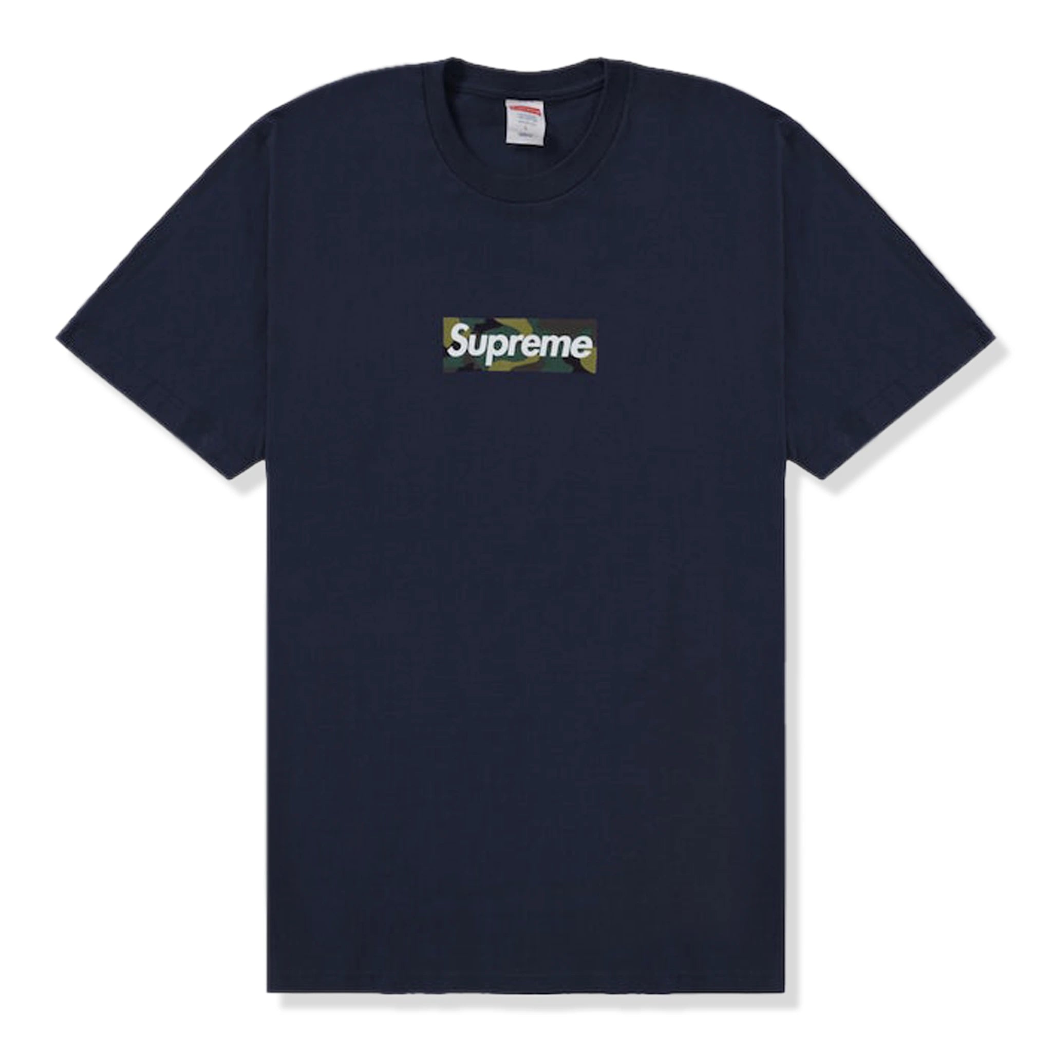 Front view of Supreme Camo Box Logo Navy T Shirt (FW23)