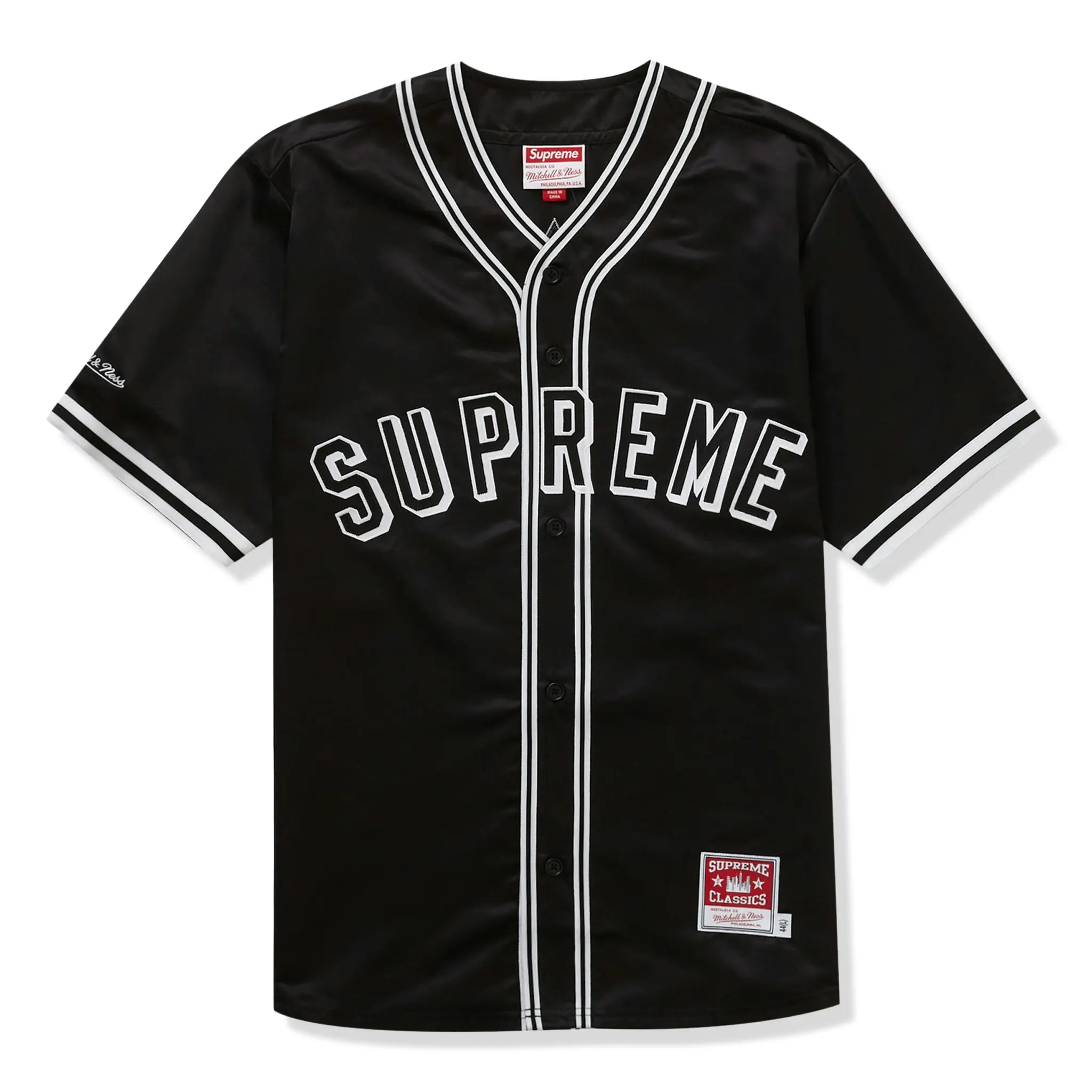 Front view of Supreme Mitchell & Ness Satin Black Baseball Jersey