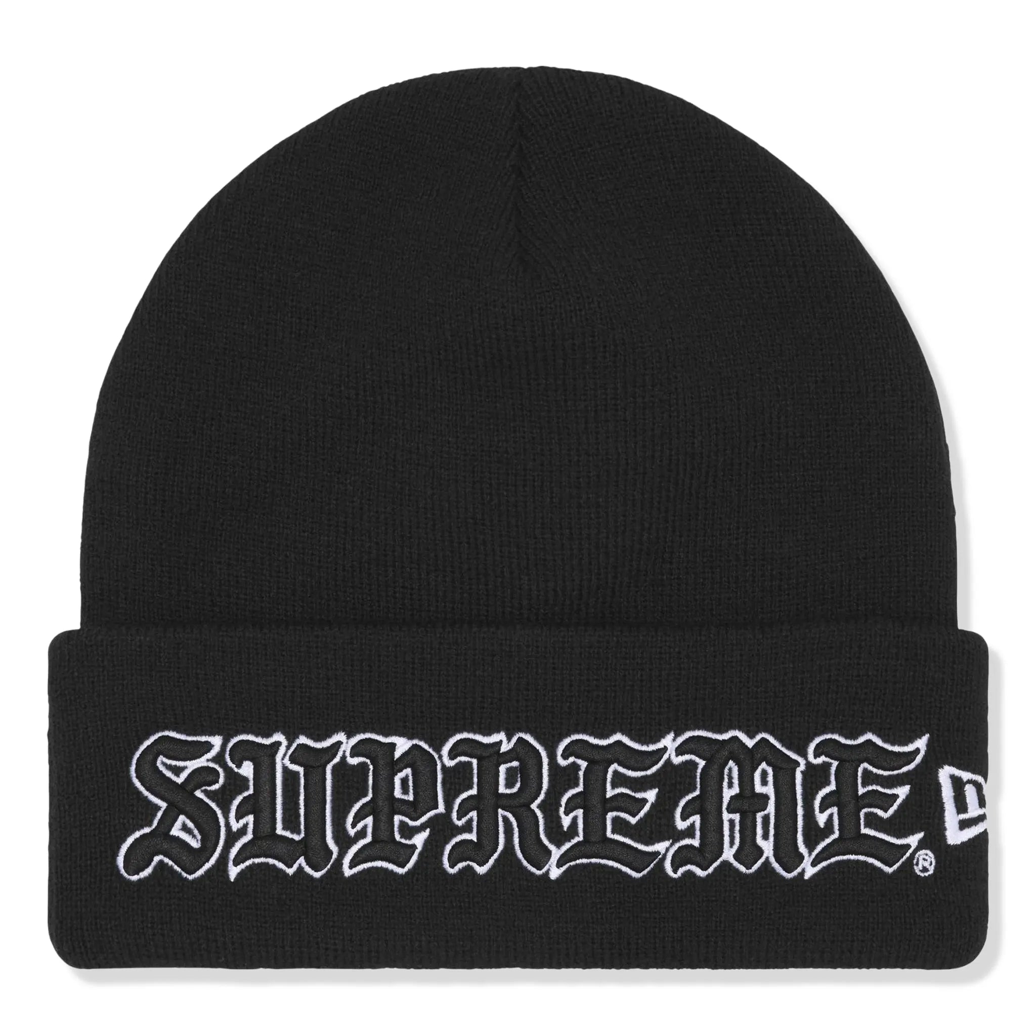 Front View of Supreme New Era Old English Black Beanie (FW25) FW25BN65-BLACK