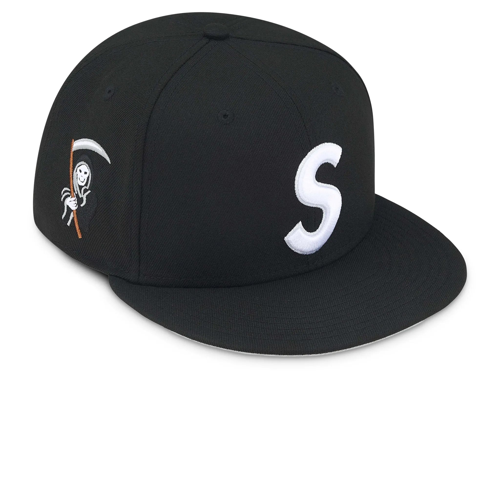 Front View of Supreme New Era Reaper S Logo Black Cap FW25H45-BLACK 