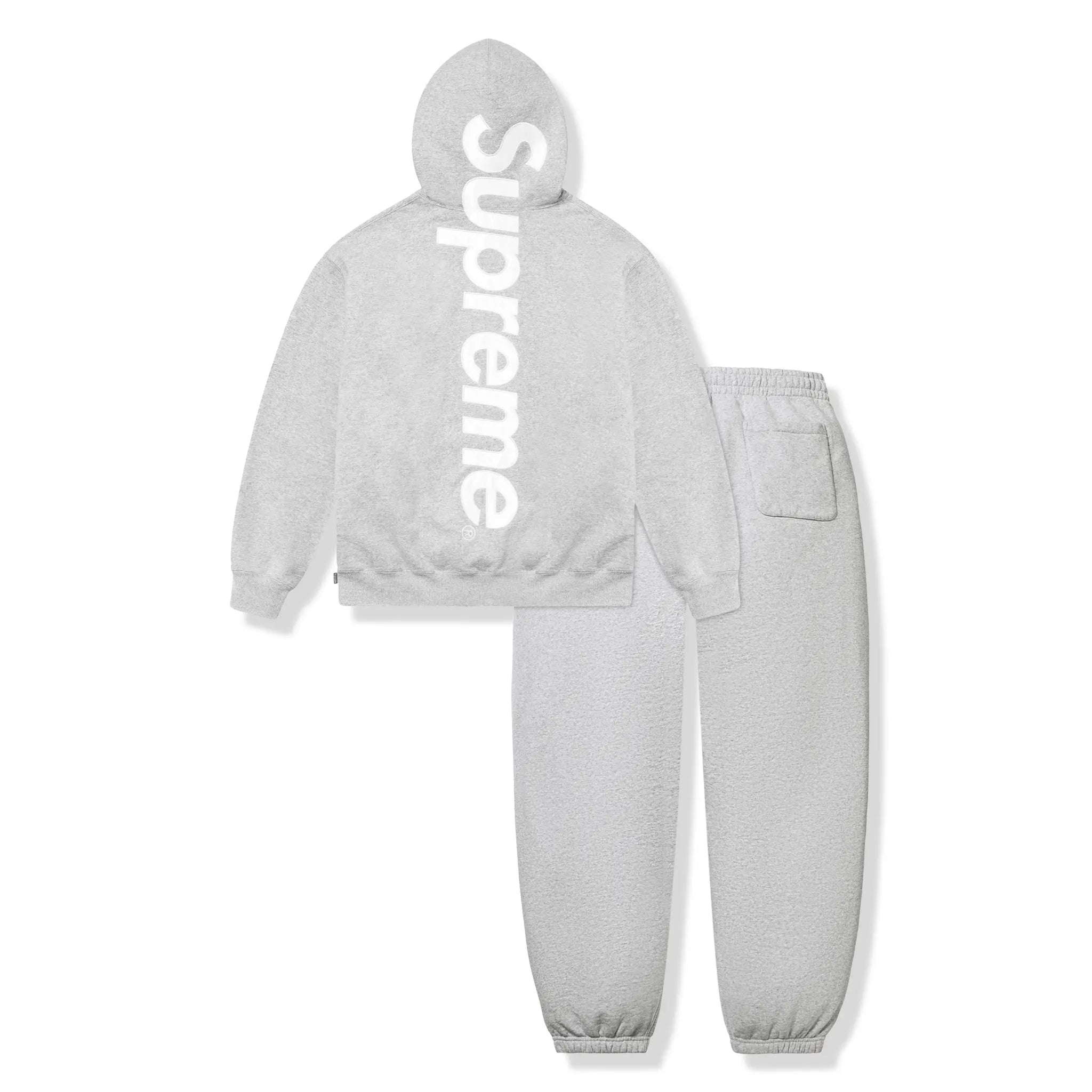 Back View of Supreme Satin Appliqué Heather Grey Hoodie & Sweatpants (FW25) FW25SW77-HEATHER GREY | FW25P93- HEATHER GREY