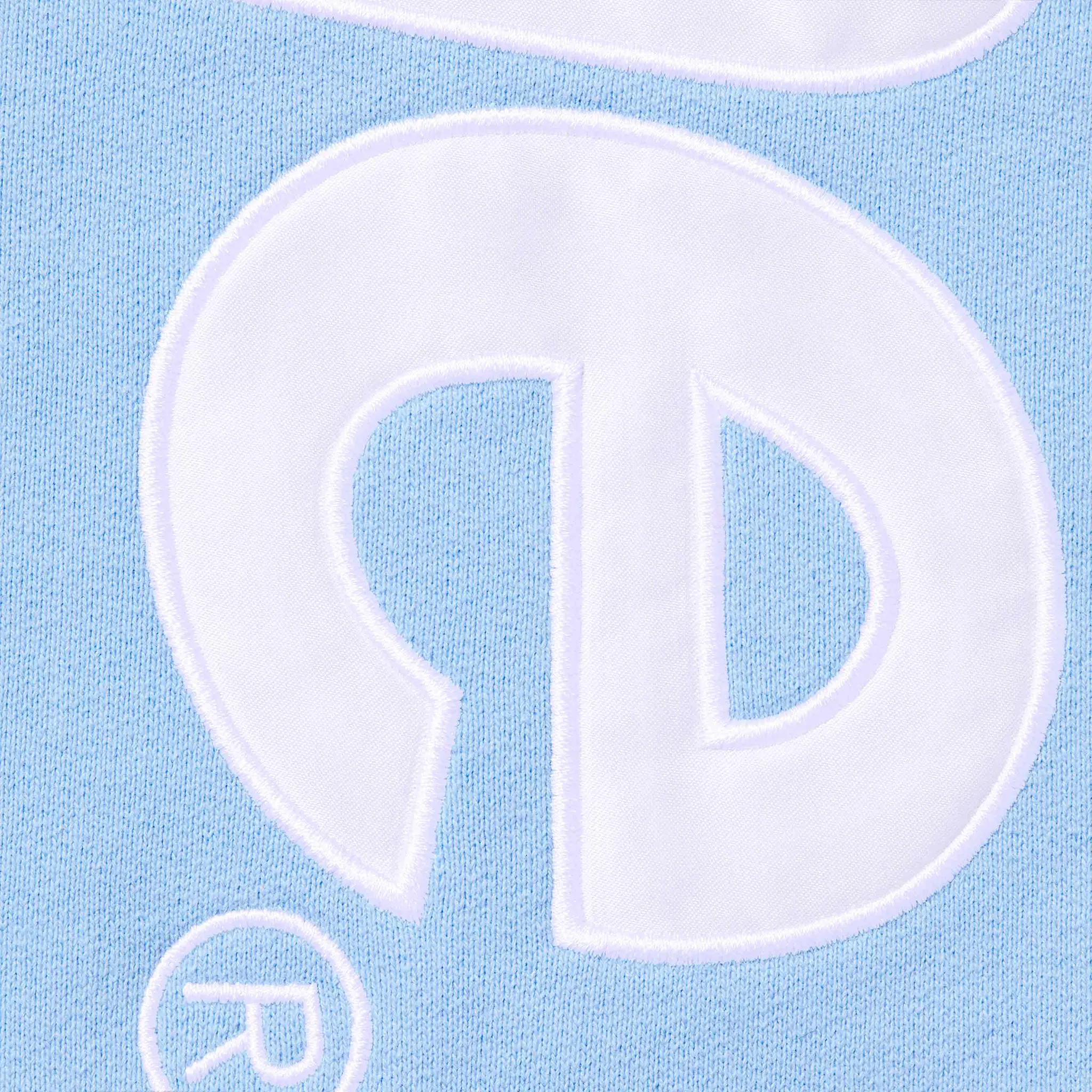 Detailed View of Supreme Satin Appliqué Light Blue Hoodie & Sweatpants (FW24) FW24SW37 LIGHT BLUE | FW24P48 LIGHT BLUE