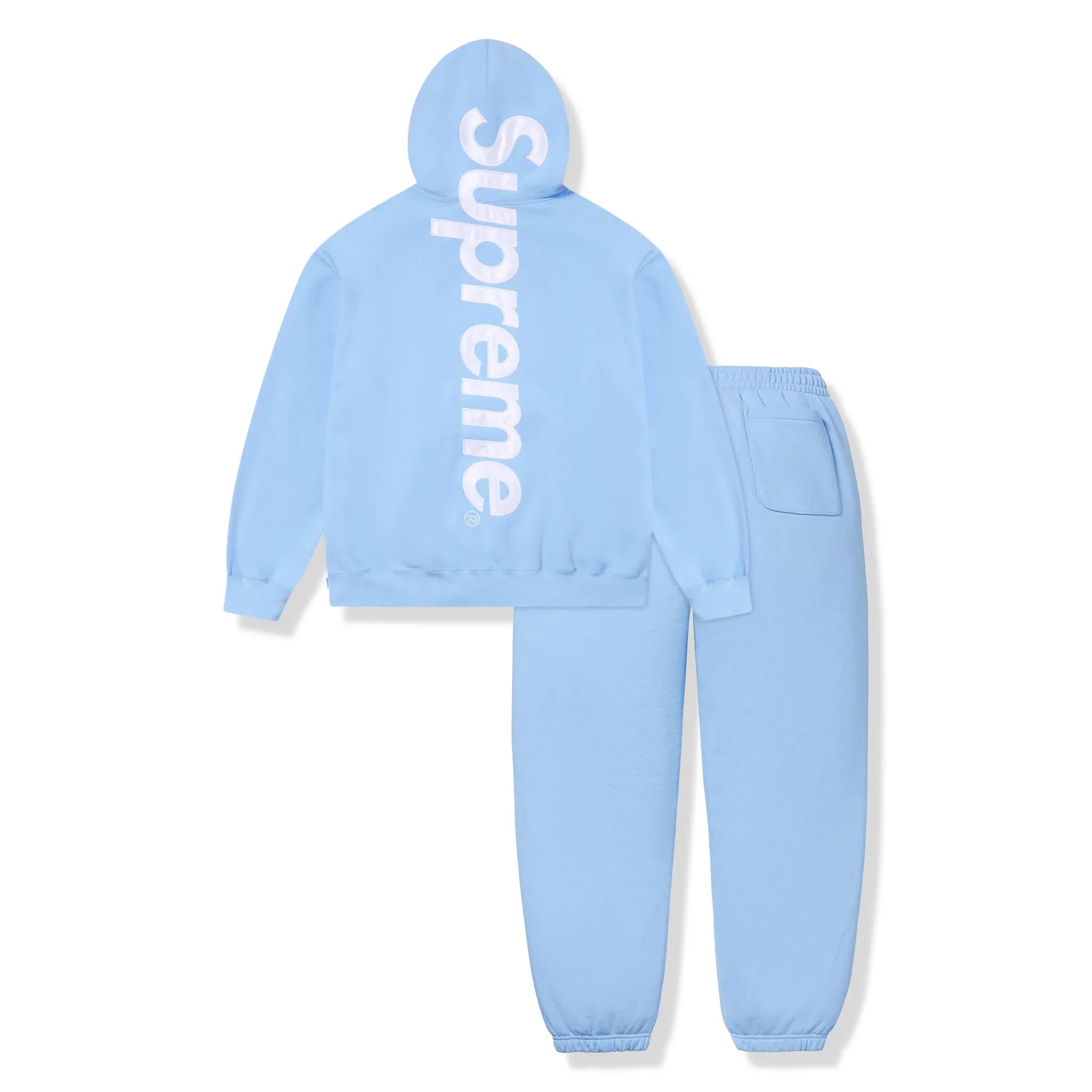 Back View of Supreme Satin Appliqué Light Blue Hoodie & Sweatpants (FW24) FW24SW37 LIGHT BLUE | FW24P48 LIGHT BLUE