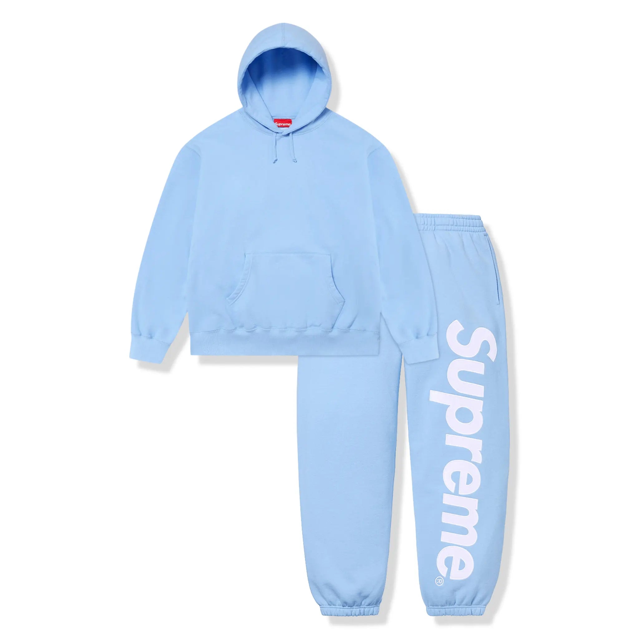 Front View of Supreme Satin Appliqué Light Blue Hoodie & Sweatpants (FW24) FW24SW37 LIGHT BLUE | FW24P48 LIGHT BLUE