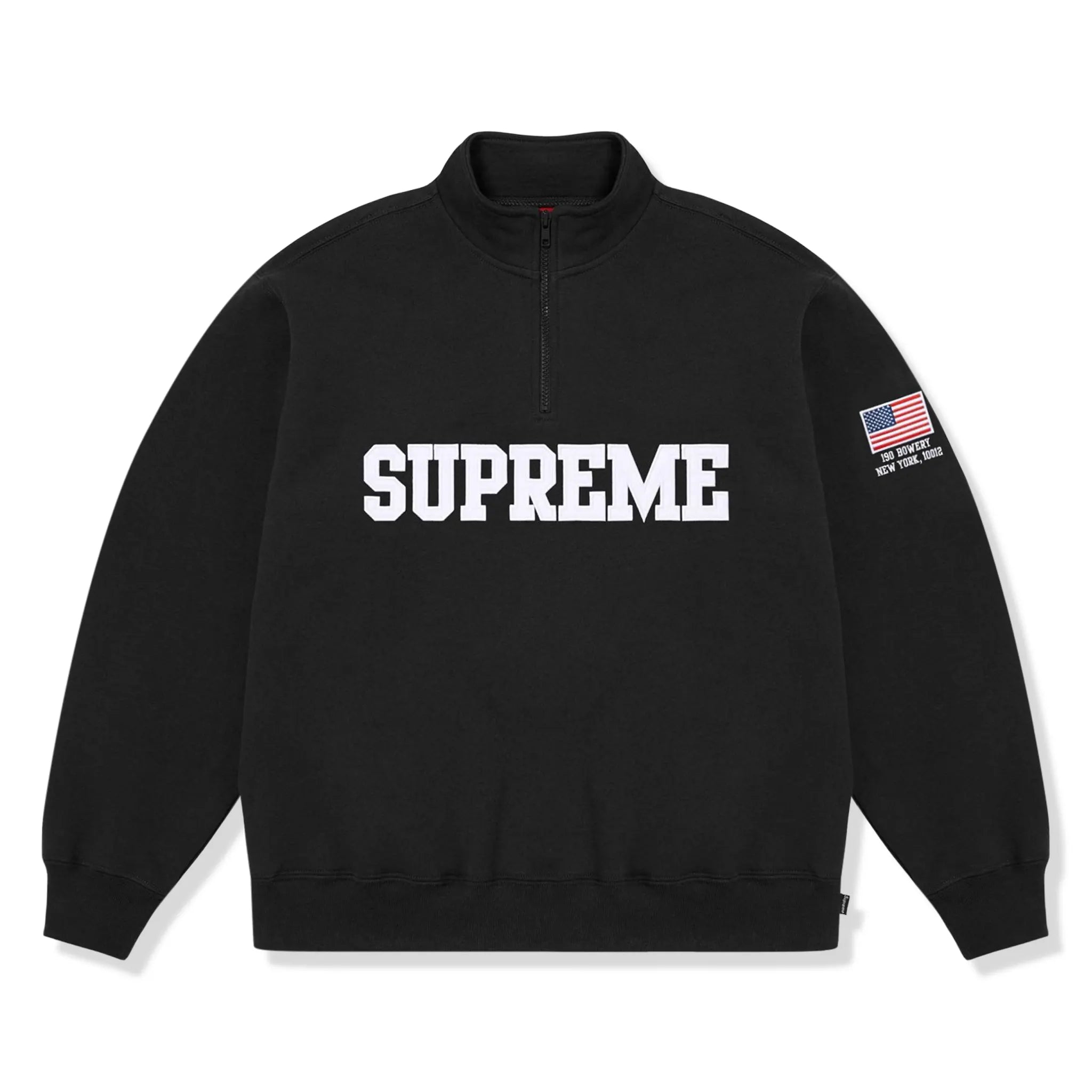 Front View of Supreme Shop Flag Black Half-Zip (SS26)