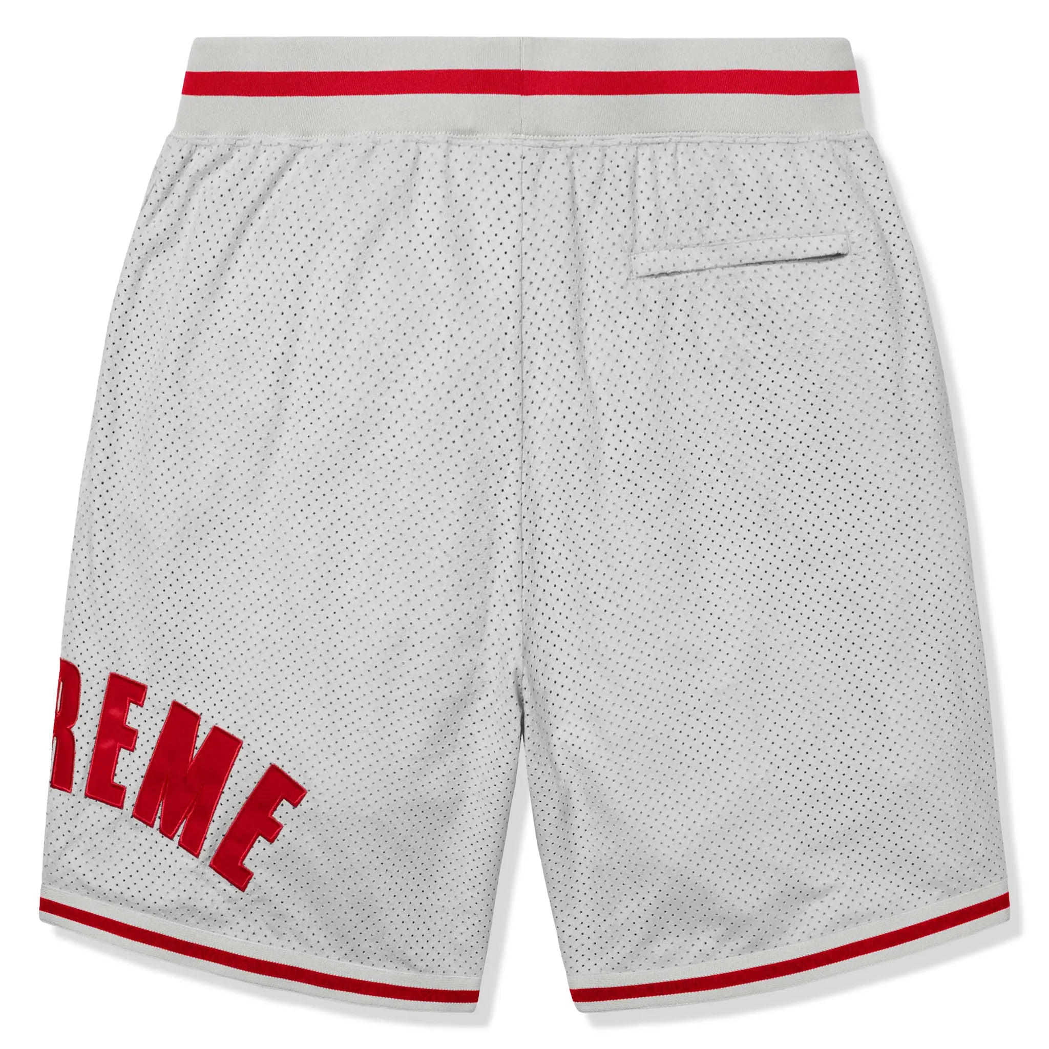 Back view of Supreme Ultrasuede Mesh Baseball Grey Shorts