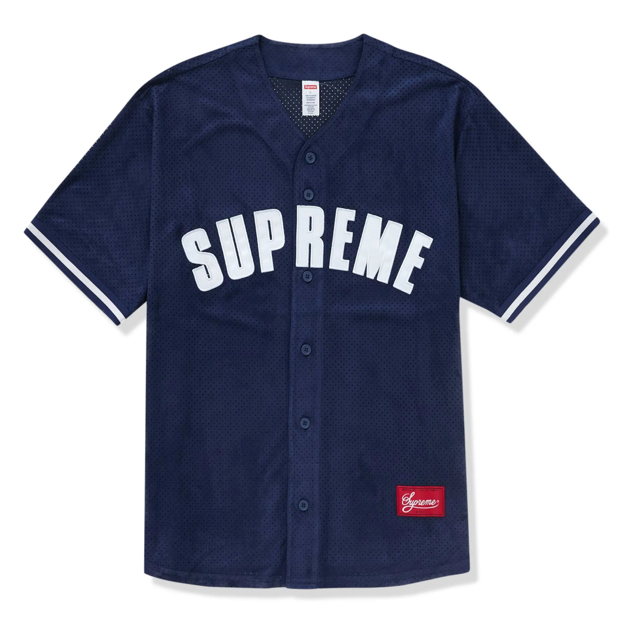 Front view of Supreme Ultrasuede Mesh Baseball Navy Blue Jersey
