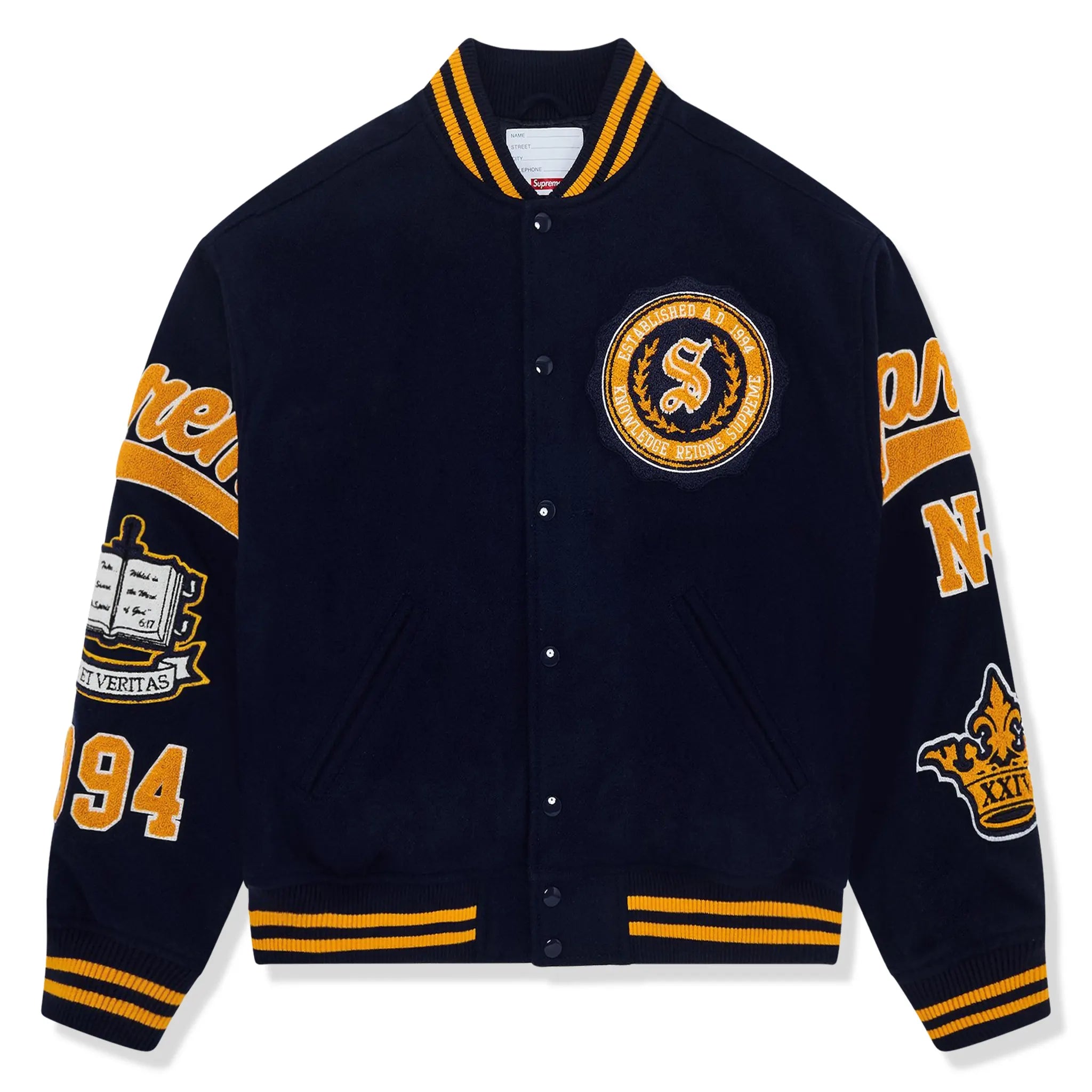 Supreme Veritas Varsity Jacket Navy | FW24J44 NAVY supreme Supreme Veritas Varsity Jacket Navy | FW24J44 NAVY supreme