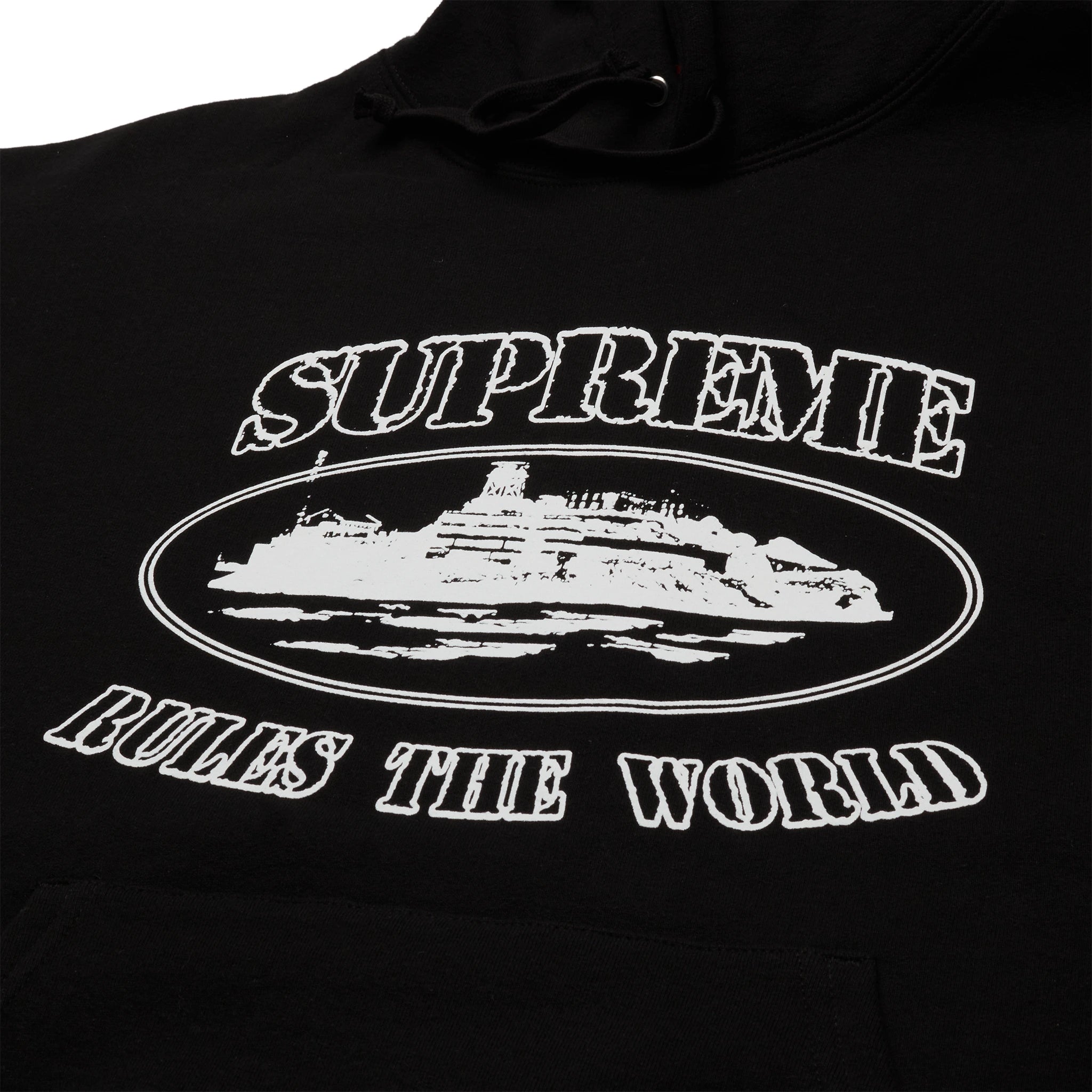 Front logo view of Supreme x Corteiz Rule The World Black Hoodie