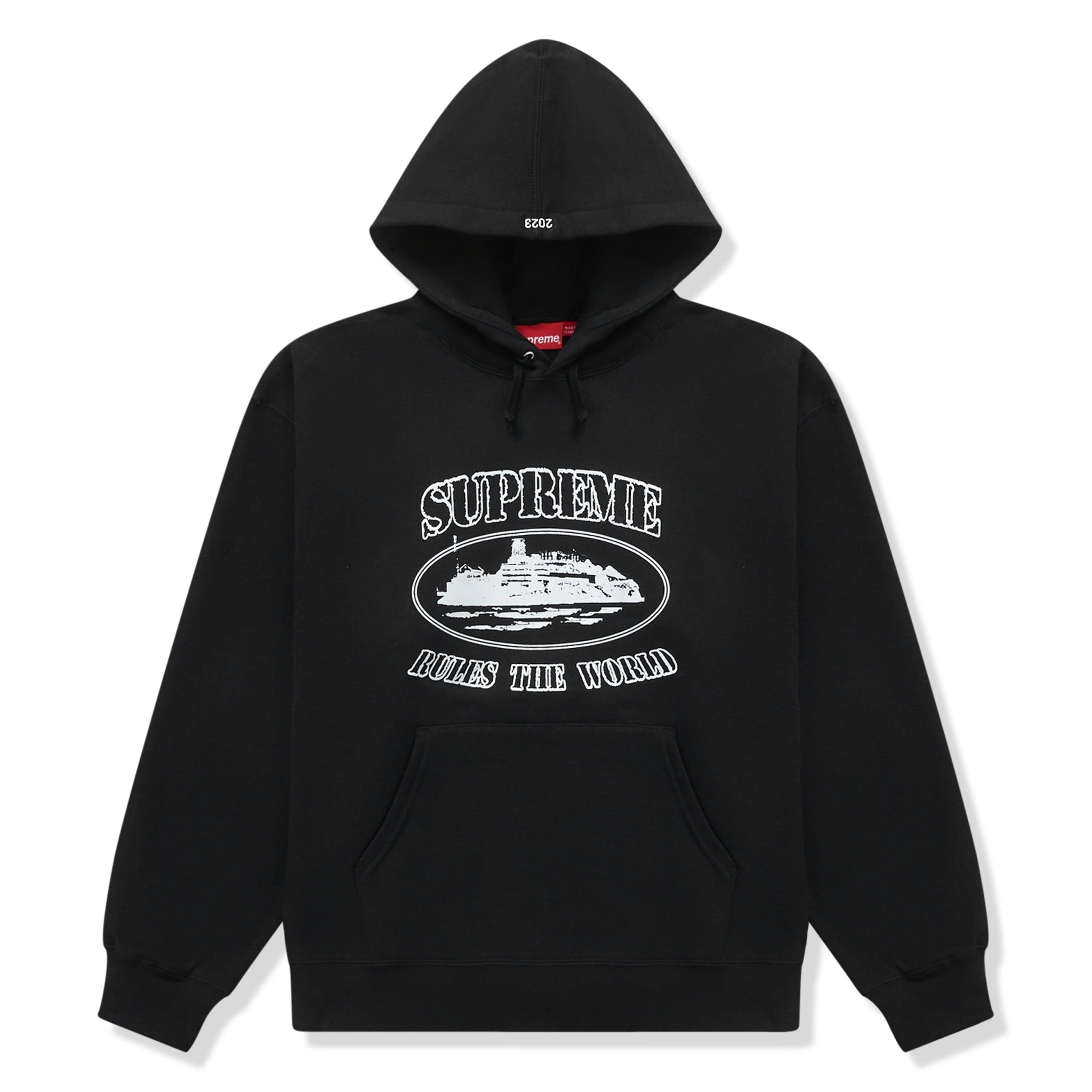 Front view of Supreme x Corteiz Rule The World Black Hoodie