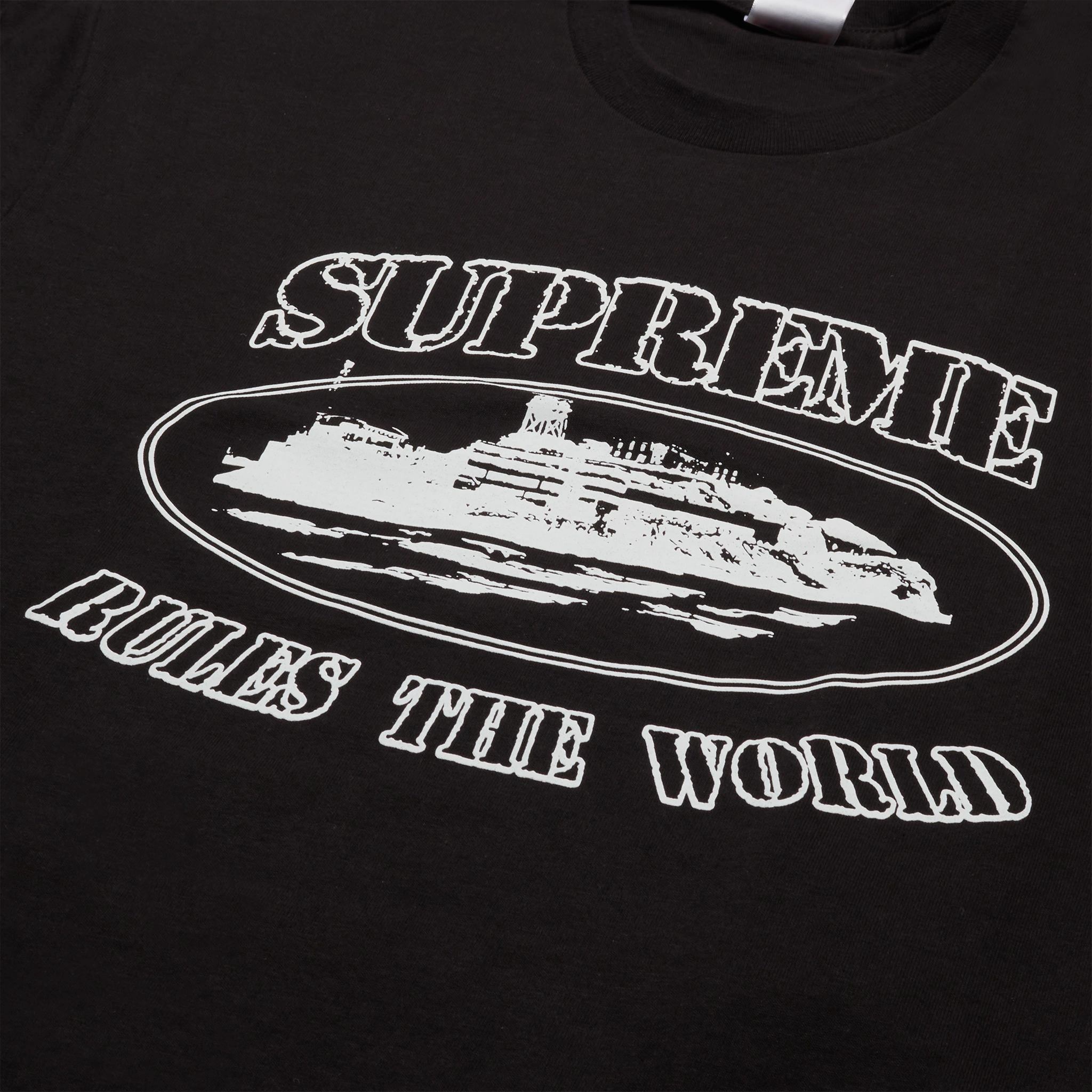 Front lgo view of Supreme x Corteiz Rules The World Black T Shirt