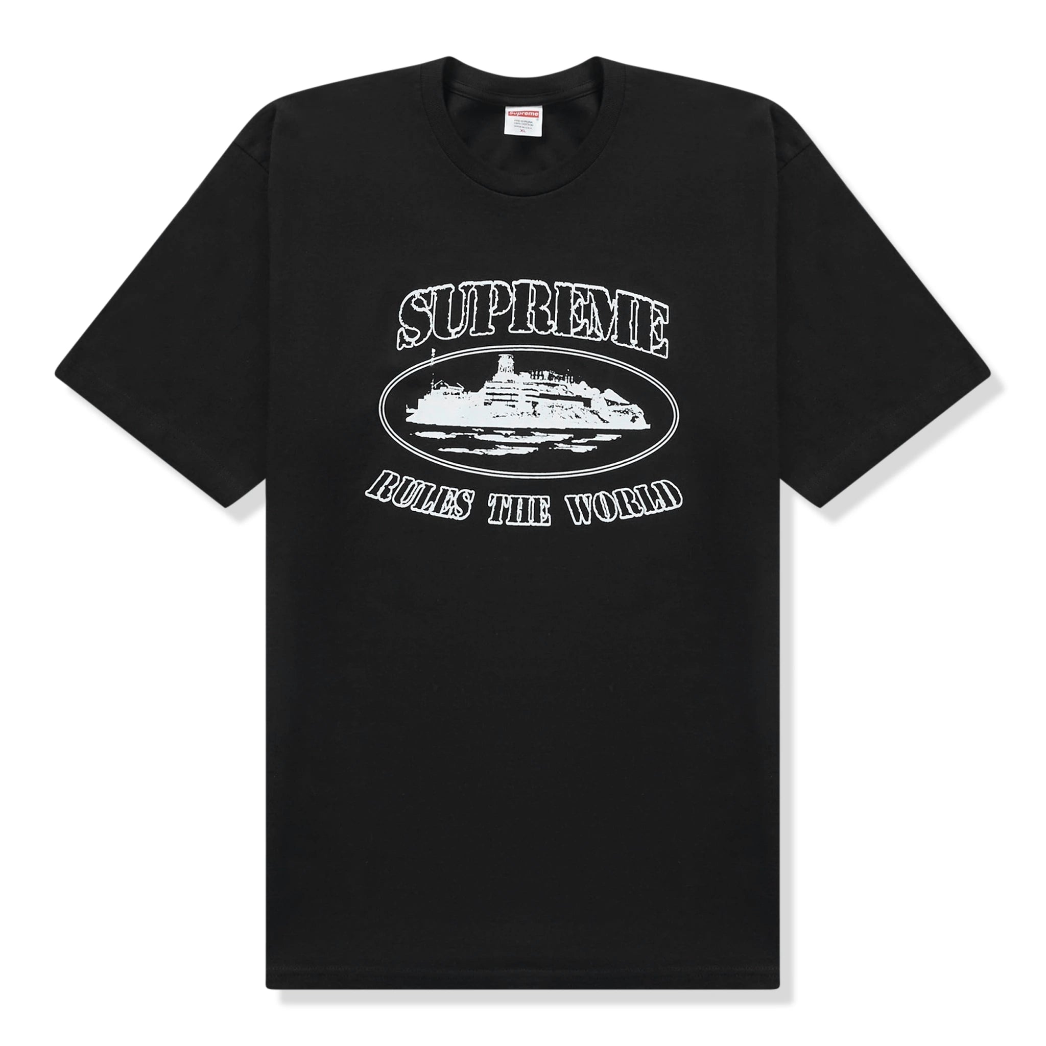 Front view of Supreme x Corteiz Rules The World Black T Shirt