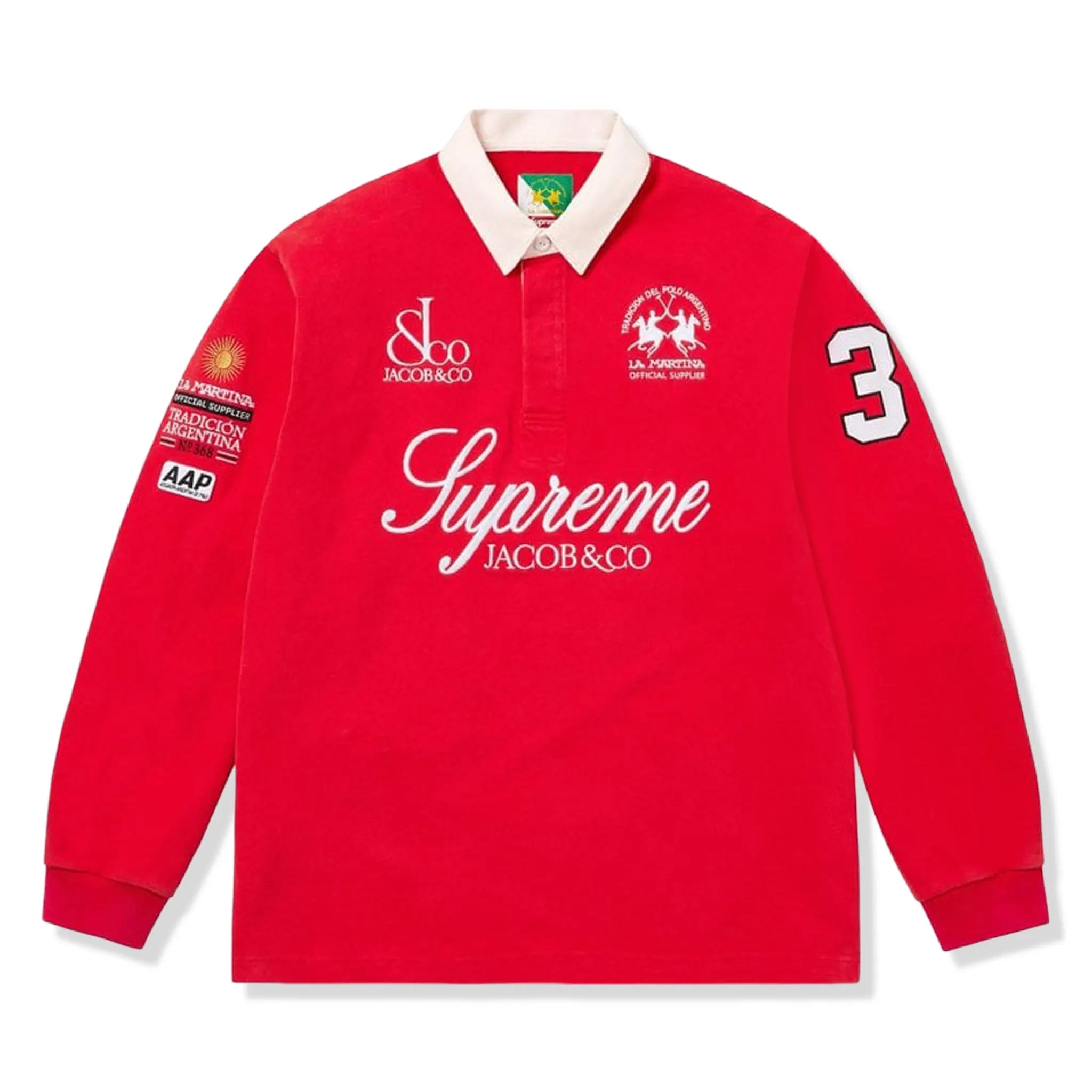 Front View of Supreme x Jacob & Co. La Martina Rugby Red Polo Shirt