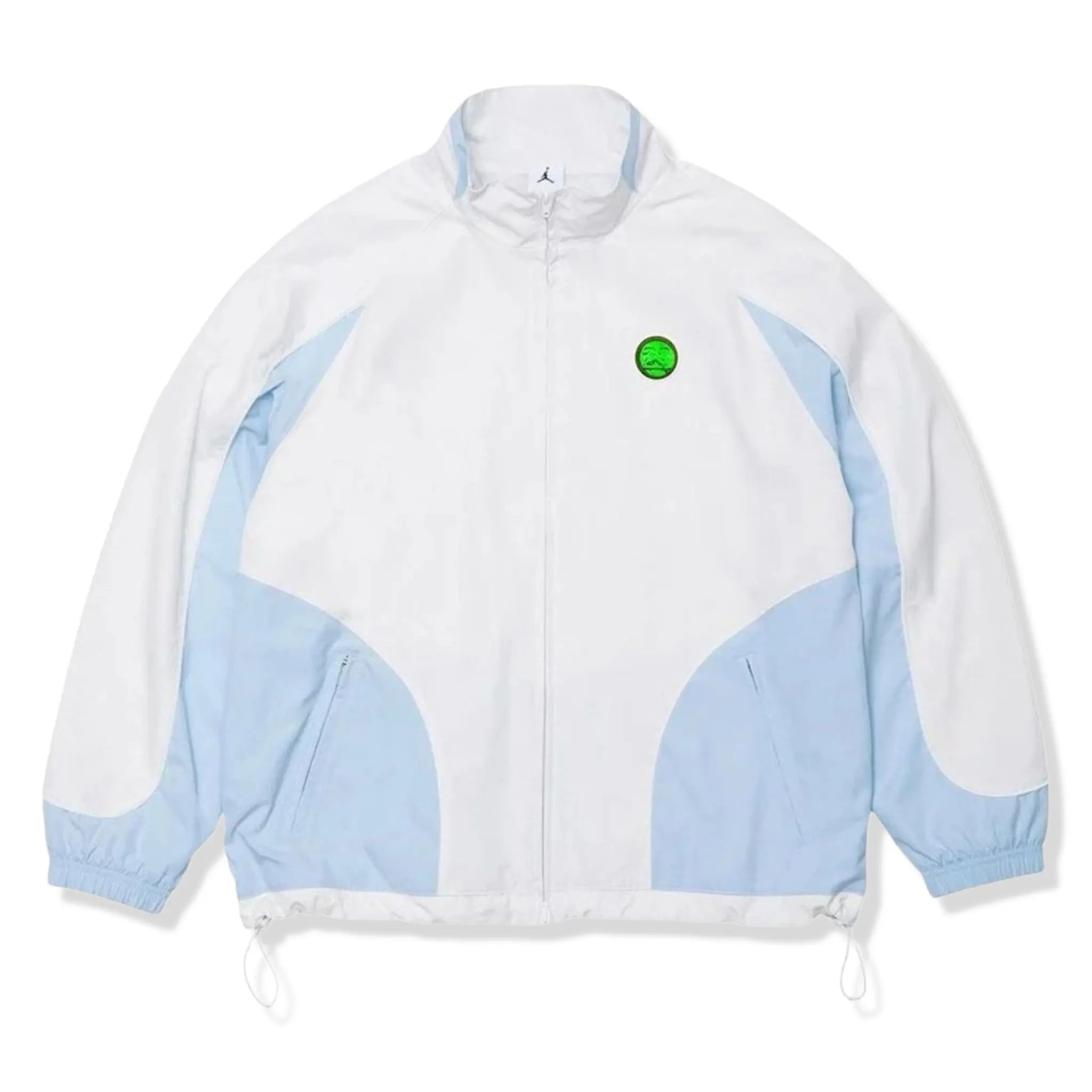 Front View of Supreme x Jordan Blue White Track Jacket (SS26)