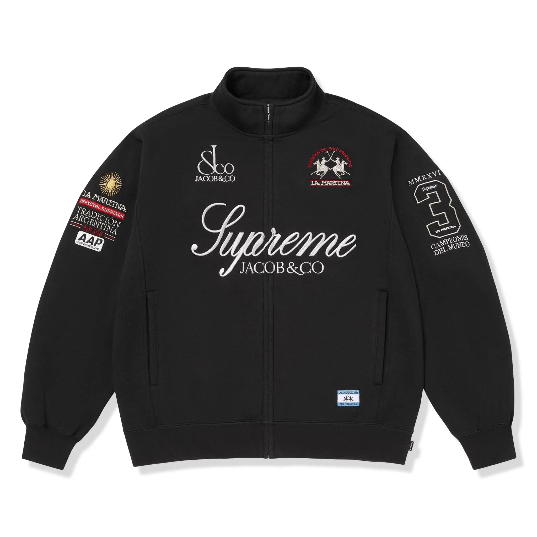 Front View of Supreme x La Martina x Jacob & Co.  Black Zip-Up Sweatshirt