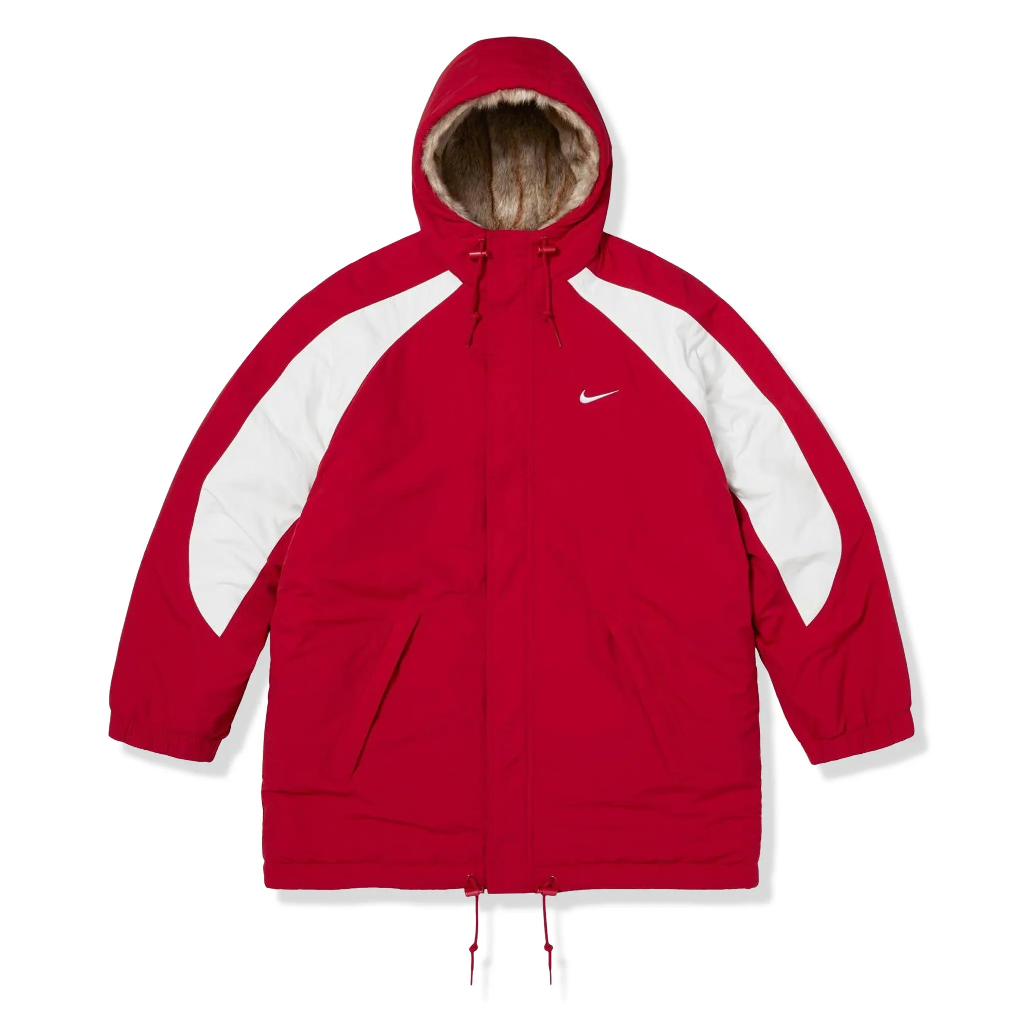 Front View of Supreme x Nike Faux Fur Reversible Parka Jacket FW26J1 RED