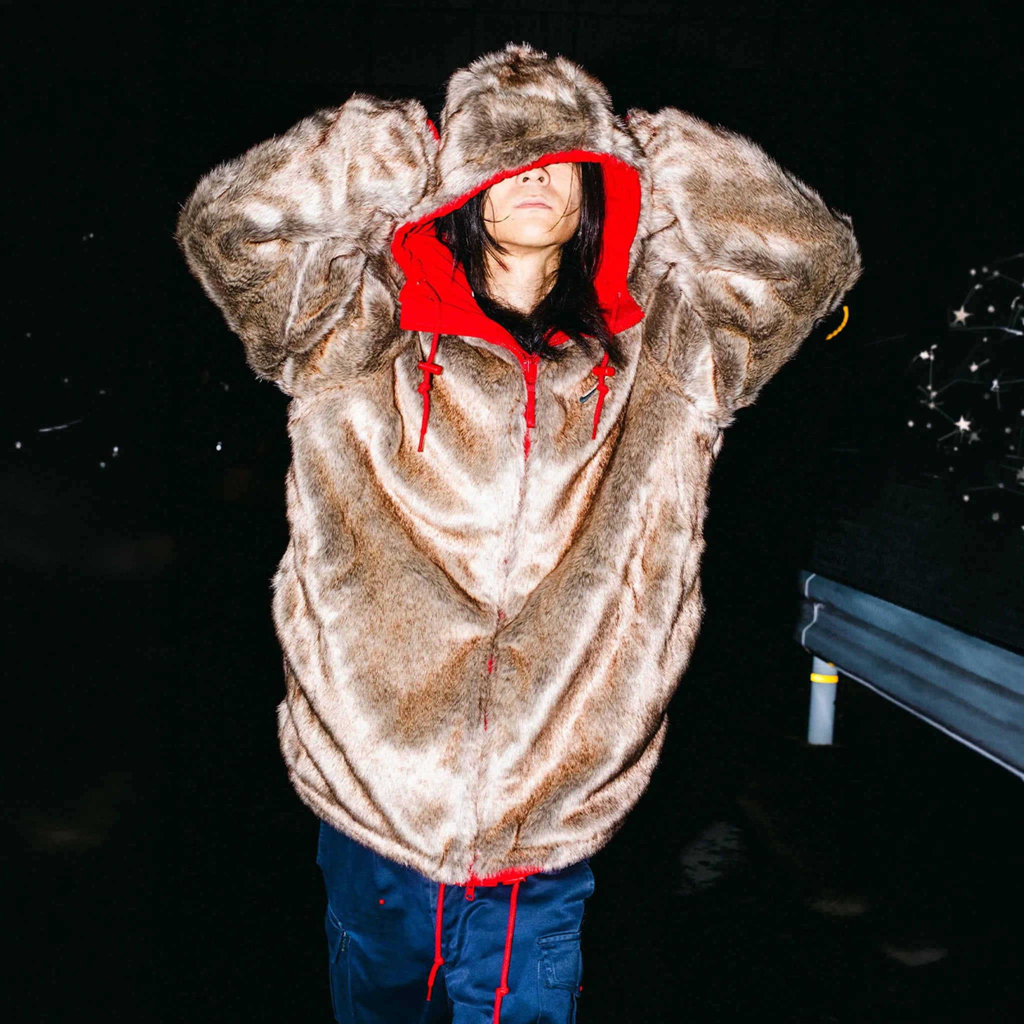 Front View of Supreme x Nike Faux Fur Reversible Parka Jacket FW26J1 RED