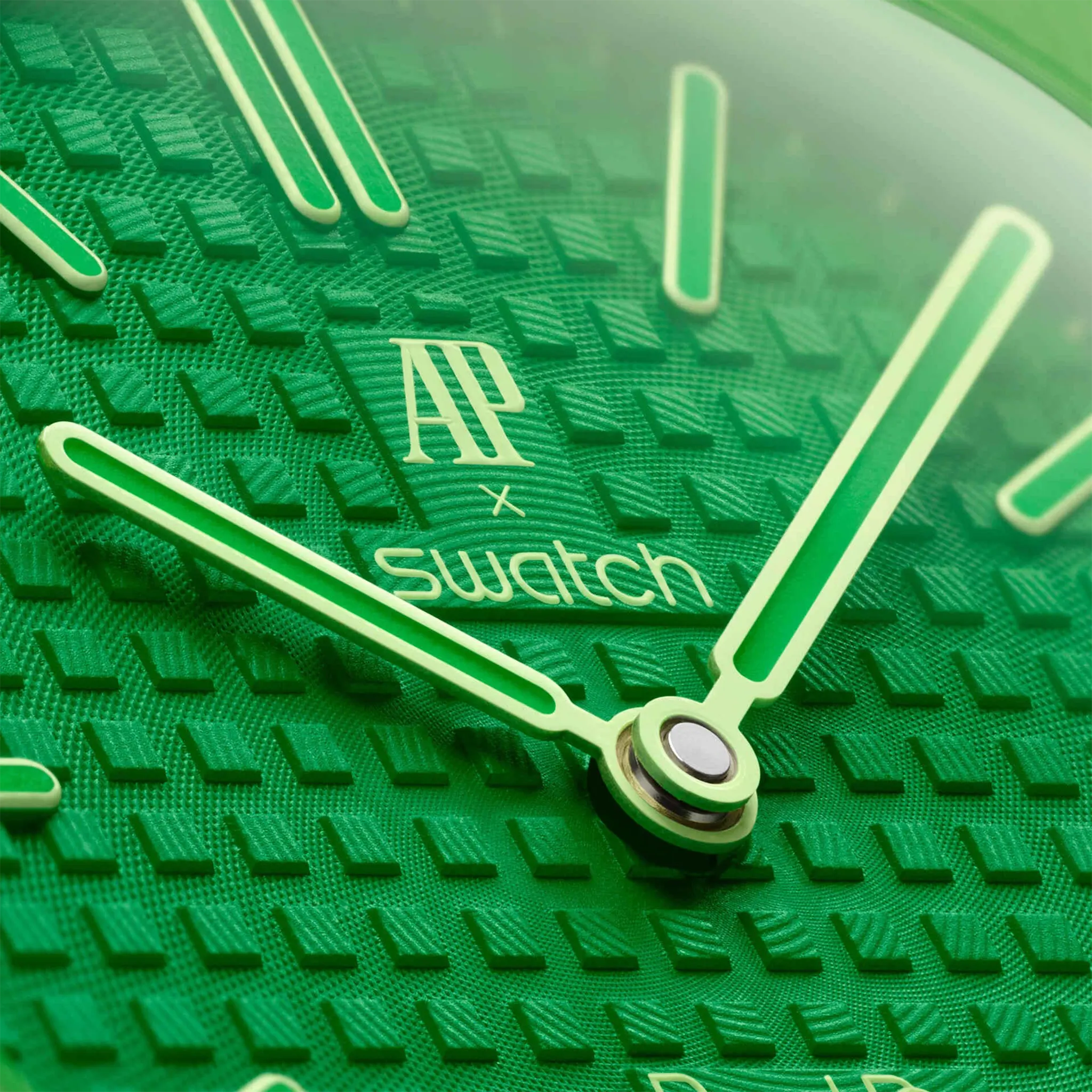 Detailed Front View of Swatch x Audemars Piguet Royal Pop Green Eight SSX03G100N