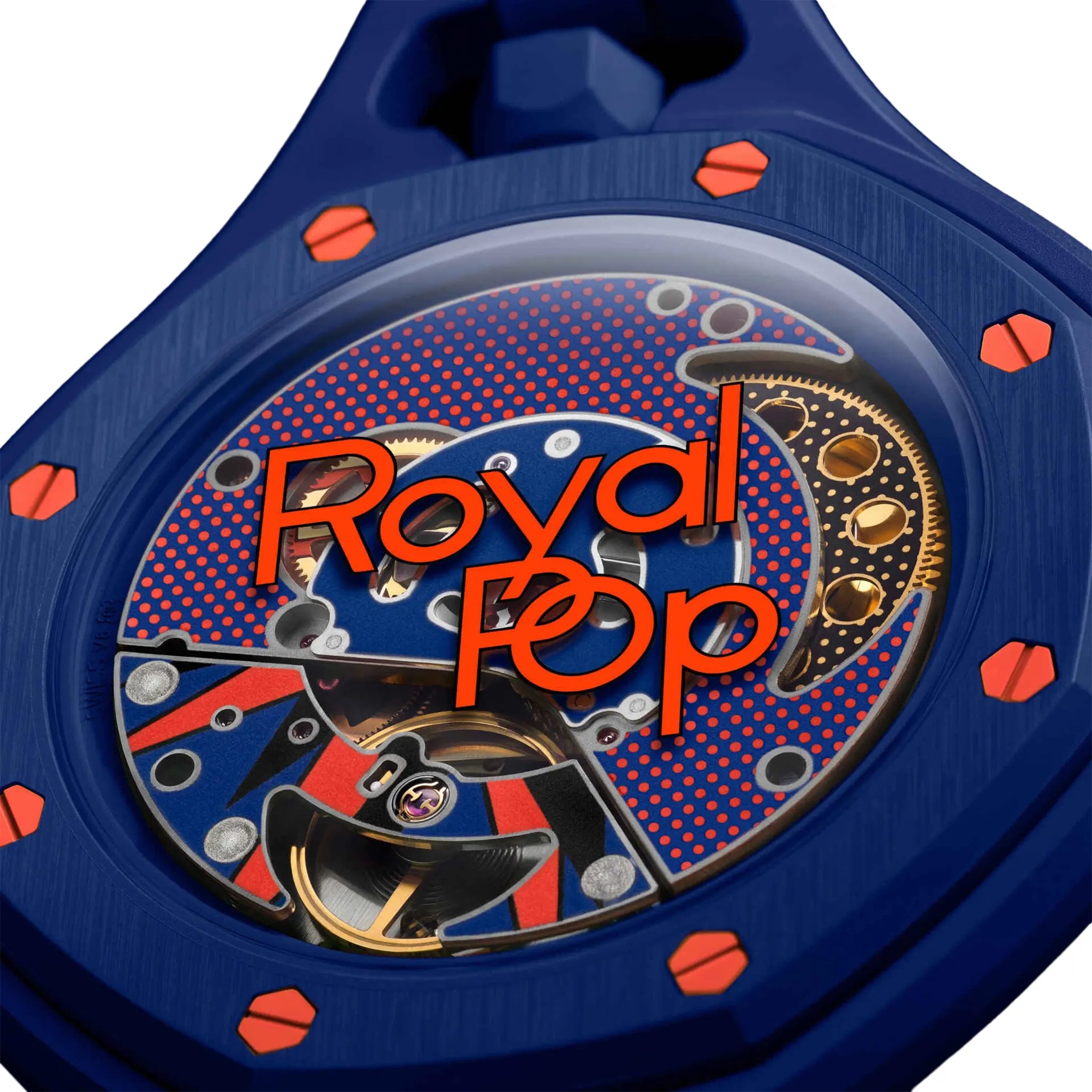 Detailed View of Swatch x Audemars Piguet Royal Pop Orenji Hachi With Navy Rubber Strap