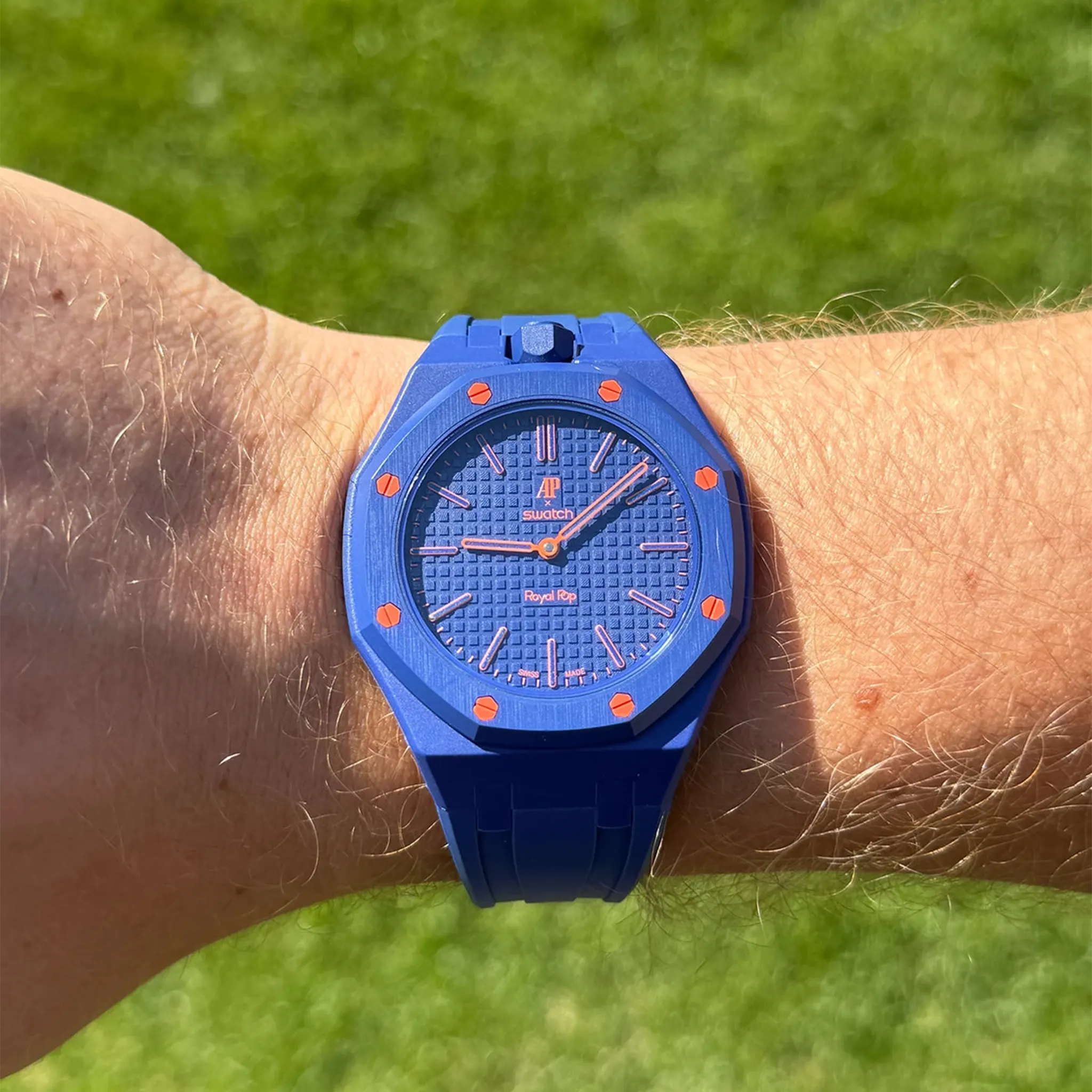 Model View of Swatch x Audemars Piguet Royal Pop Orenji Hachi With Navy Rubber Strap