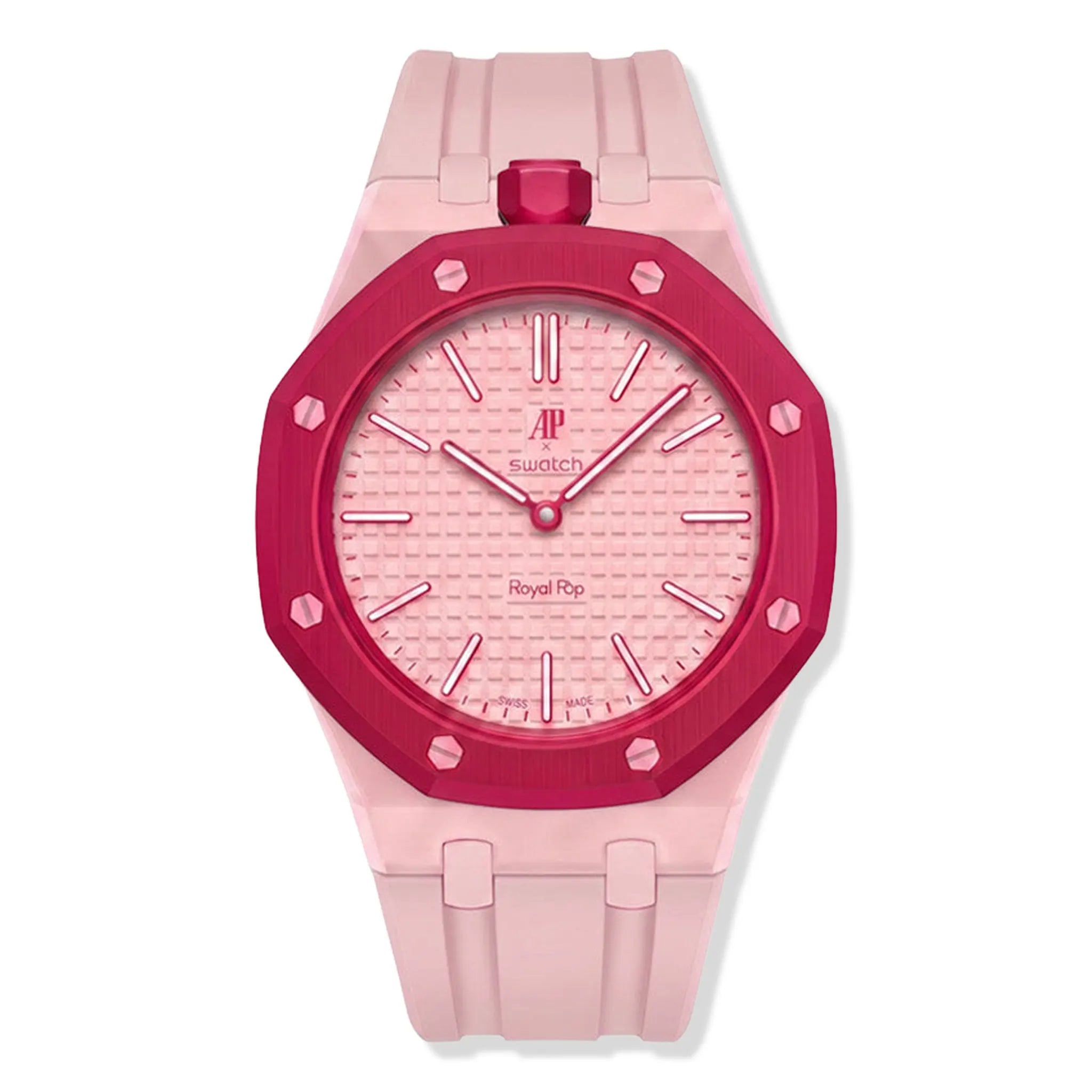 Front View of Swatch x Audemars Piguet Royal Pop Otto Rosso With Light Pink Rubber Strap